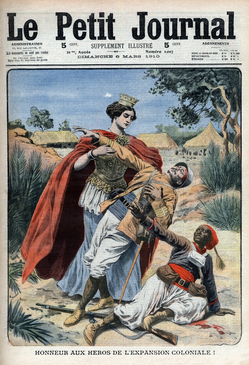 The heroes of colonialism (in North Africa) are honoured allegorical engraving - Le Petit Journal, 6 March 1910 by French School