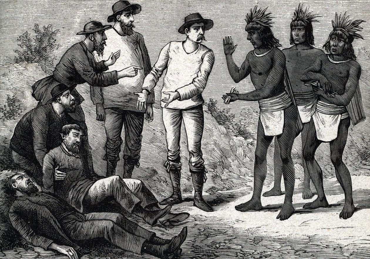The inhabitants of Peru helping the colonial Europeans suffering from malaria with Cinchona (engraving, 1888) by French School
