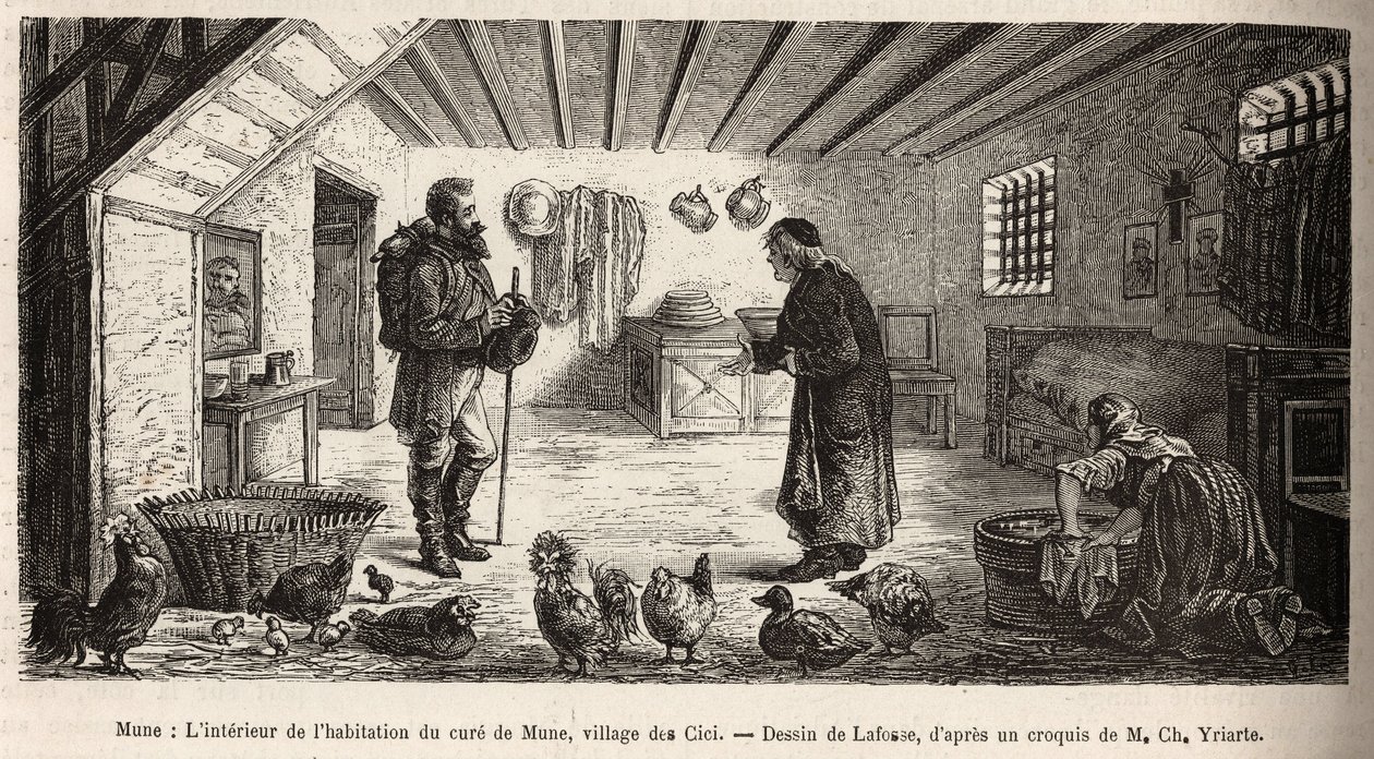 The interior of the house of the cure of Mune, village of Les Cici. Engraving after a drawing by Lafosse illustrating a voyage by French School