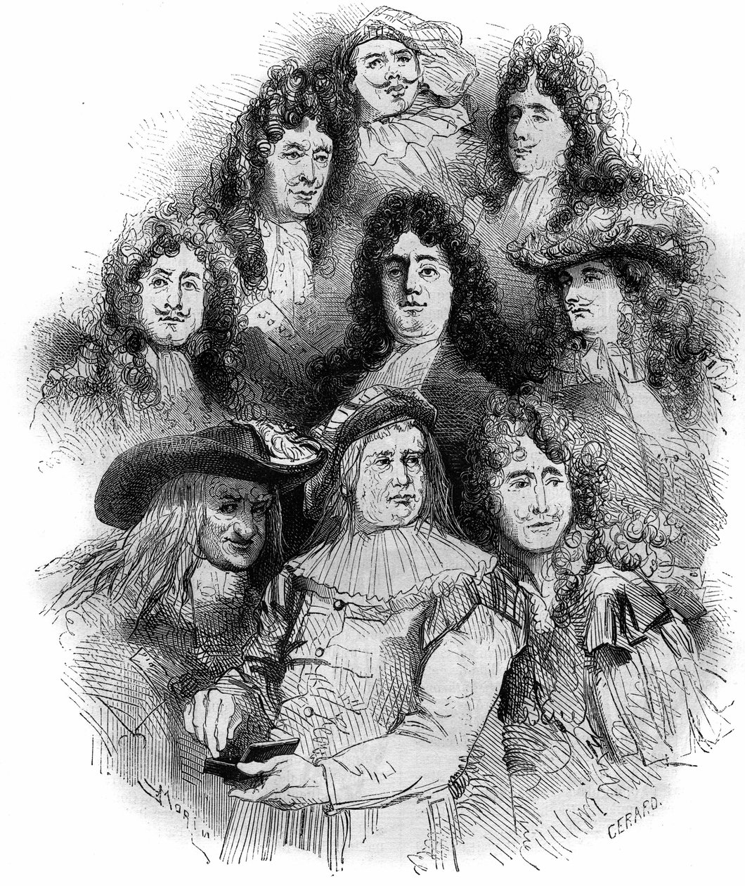 The interpreters of Moliere at the Comedie Francaise in 1862-1863. From bottom to top: Provost (Arnolphe), Joseph Samson (Sganarelle), Geffroy (Clitandre), Bressant (Don Juan), Edmond Got (Trissolin), Louis Delaunay (Hor by French School