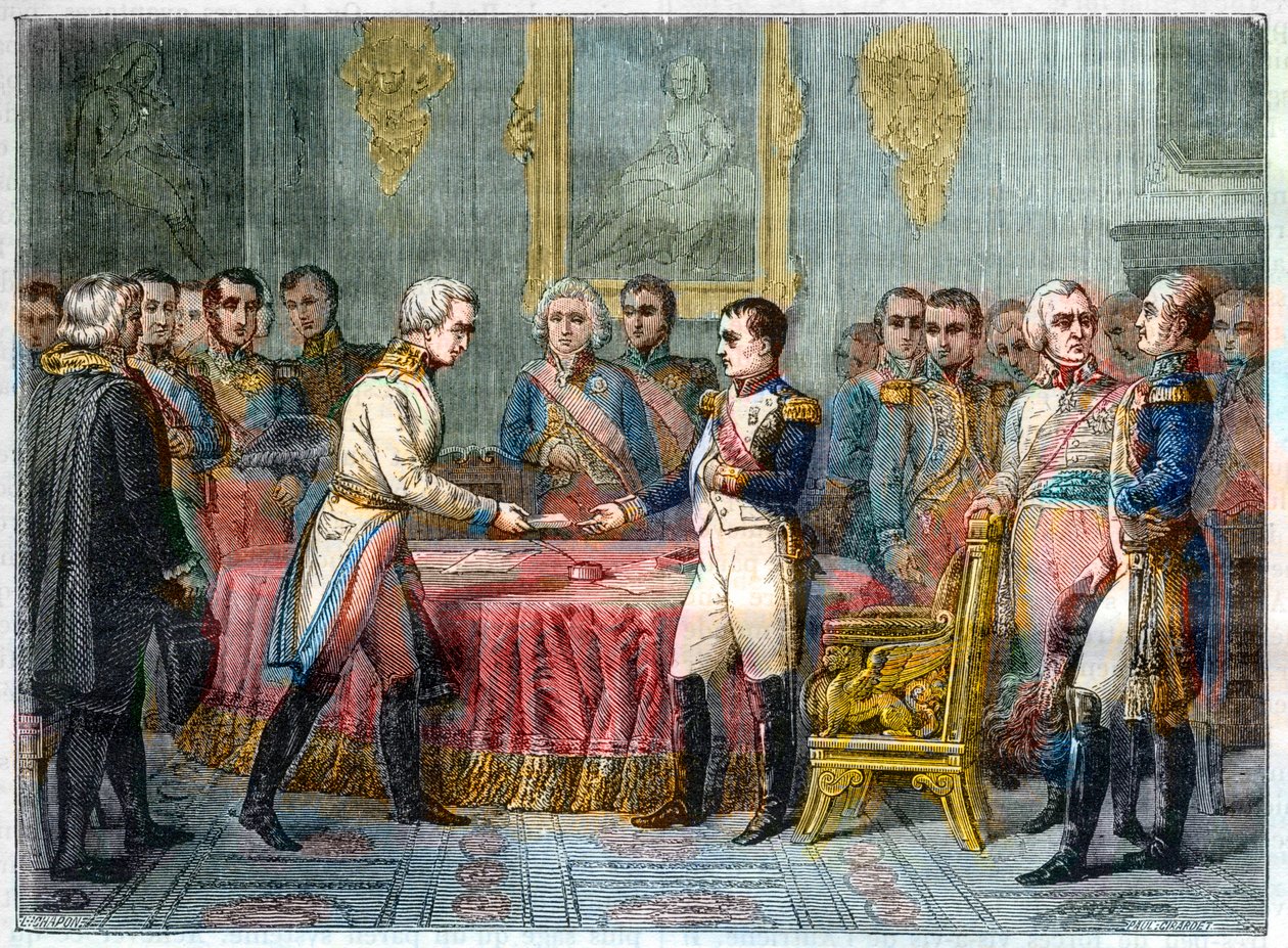 The interview of Erfurt, 27 September - 14 October 1808 - Napoleon I receiving Baron Vincent, Austrian diplomat and envoy of the Emperor of Austria to the right Alexander I of Russia (1777-1825) - Assembly of Princes in Erfurt on 27 September 1808 by French School
