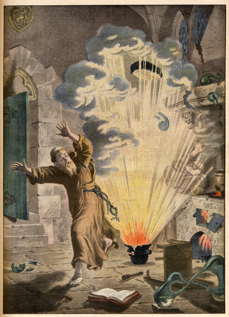 The invention of gunpowder by German monk and alchemist Berthold Schwartz (ca. 1318-1384) - Illustrious inventions. The powder. Illustration for Le petit Journal, 27 January 1901 by French School