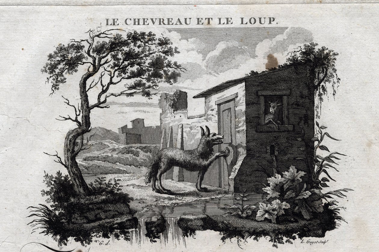 The Kid and the Wolf. Fable of Aesop. Written by Guillaume Montfort and engraved by Beauble in 1801 by French School