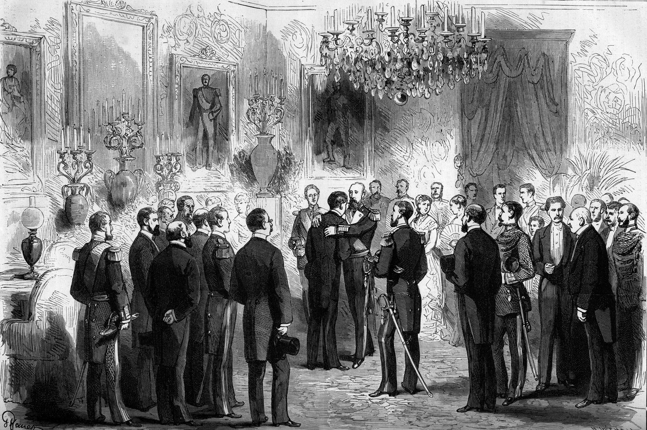 King Oscar II of Sweden received explorers Nils Adolf Erik Nordenskjold and Lieutenant Palander at the Royal Palace in Stockholm by French School