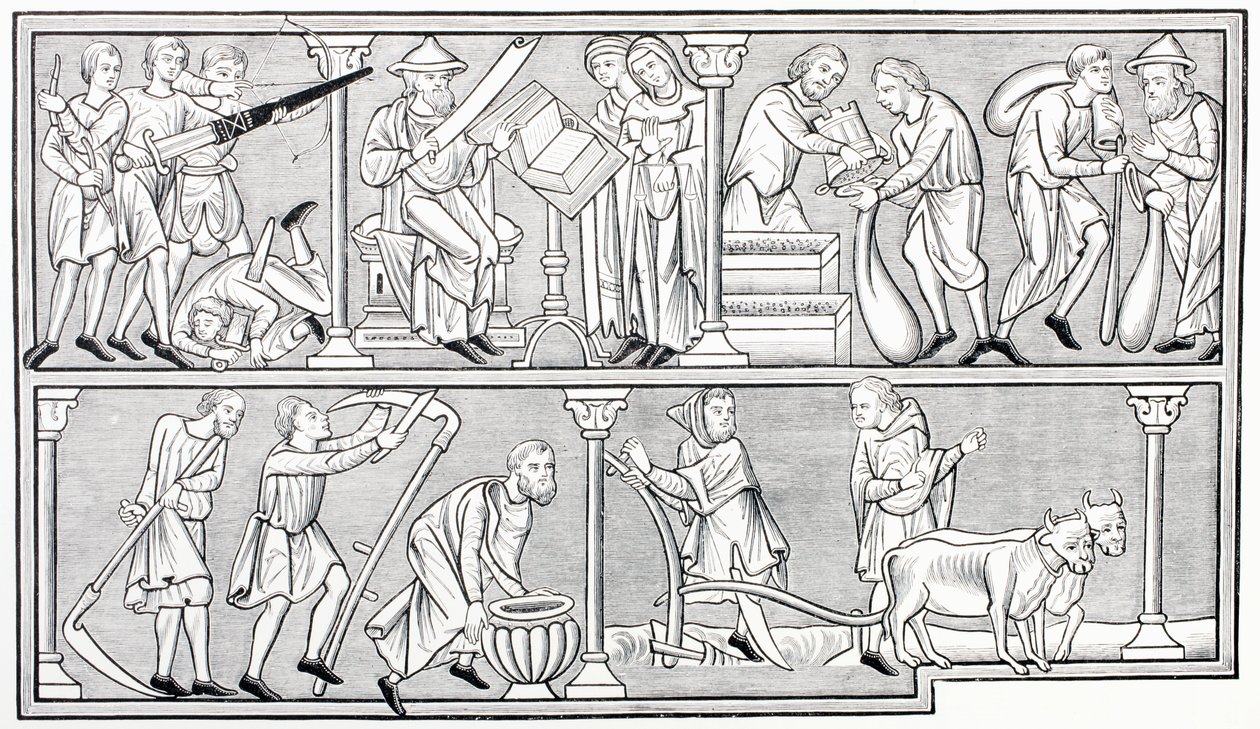 The labors of war, science, commerce and agriculture, after a miniature in a 13th century psalter, from Les Arts au Moyen Age, published 1873 by French School