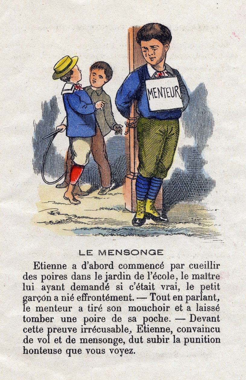 The lie. A school boy tears and ties to a pole with a liar sign around his neck to punish him for his lie. Little boys alphabet. Abecedary has moral value containing reading exercises. Epinal imaging by French School