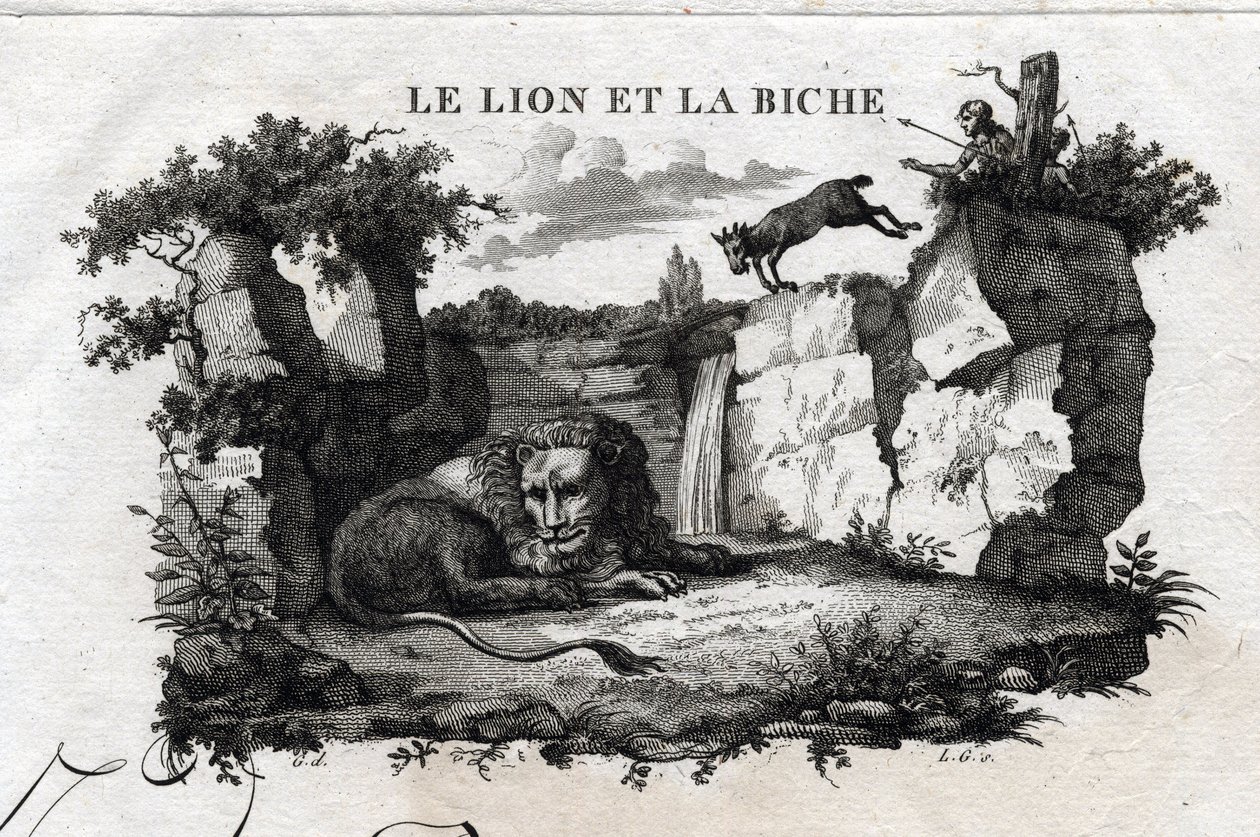 The lion and the deer. Fable of Aesop. Written by Guillaume Montfort and engraved by Beauble in 1801. by French School