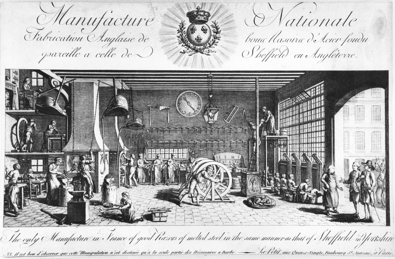 The only manufacture in France of good razors of melted steel in the same manner as that of Sheffield in England, Yorkshire, late 18th century by French School