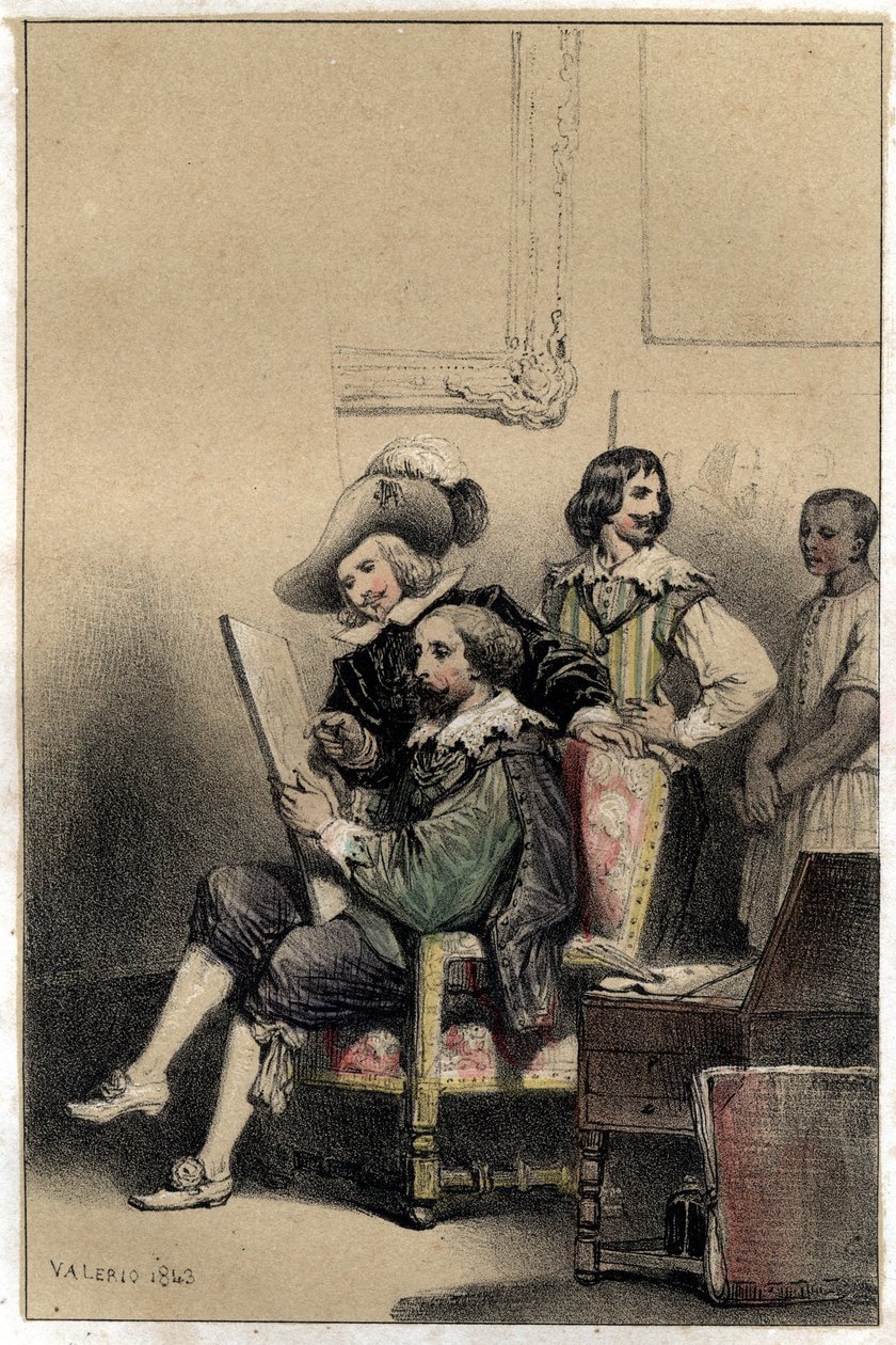 The painter Diego Velasquez (1599-1660) welcoming in his studio Pierre Paul Rubens (1577-1640). Plate taken from Scenes de la vie des hommes famous, engraving in two shades by Valerio. 1843 by French School