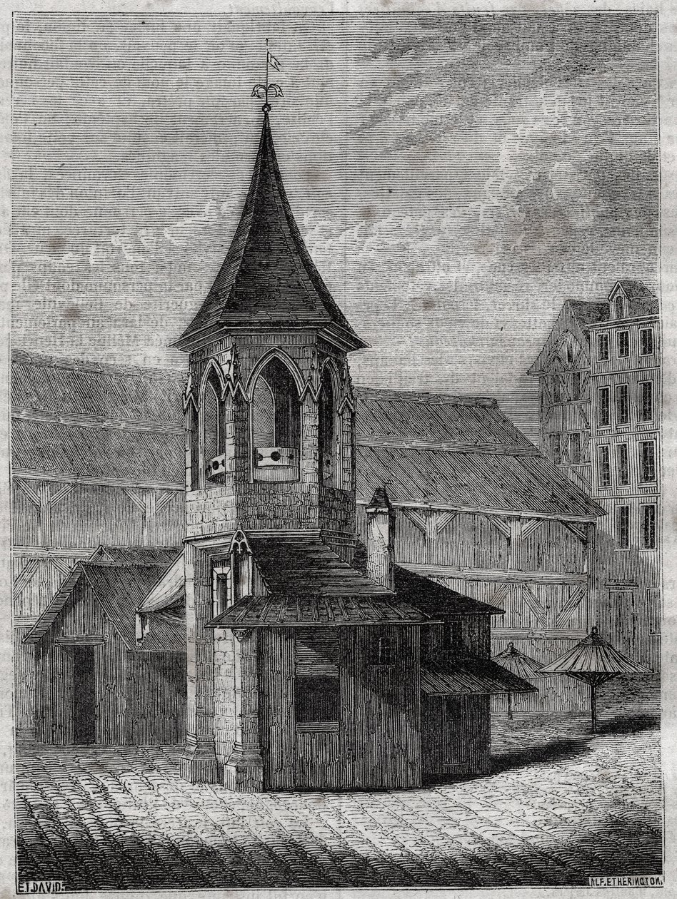 The pillory of the halles in the 18th century, built on the old cemetery of the Innocents - Engraving in The physical, civil and moral history of Paris: from the earliest historical times to the present day by Jacques Antoine Dulaure by French School