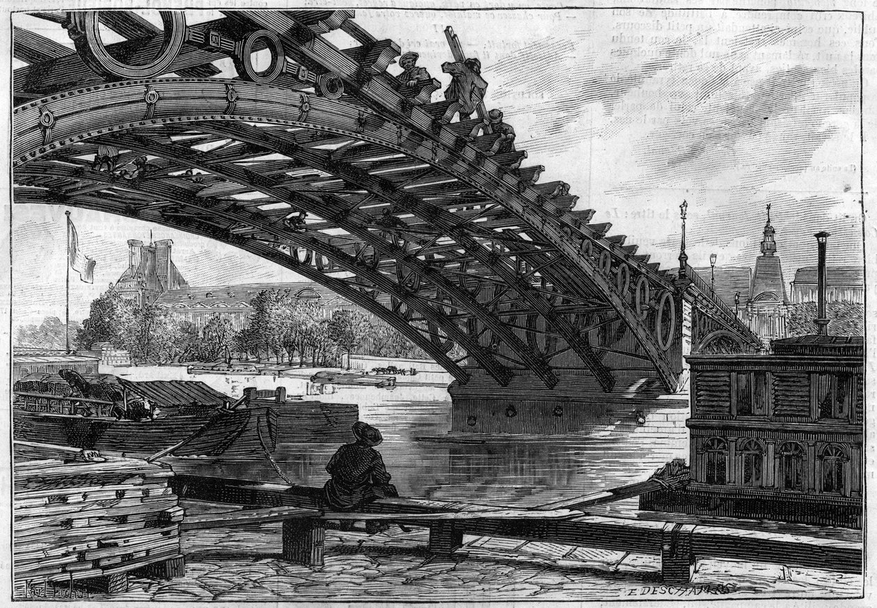 The refection of the deck of the bridge of the Saints Peres (Pont du Carrousel) in 1883 - engraving in 