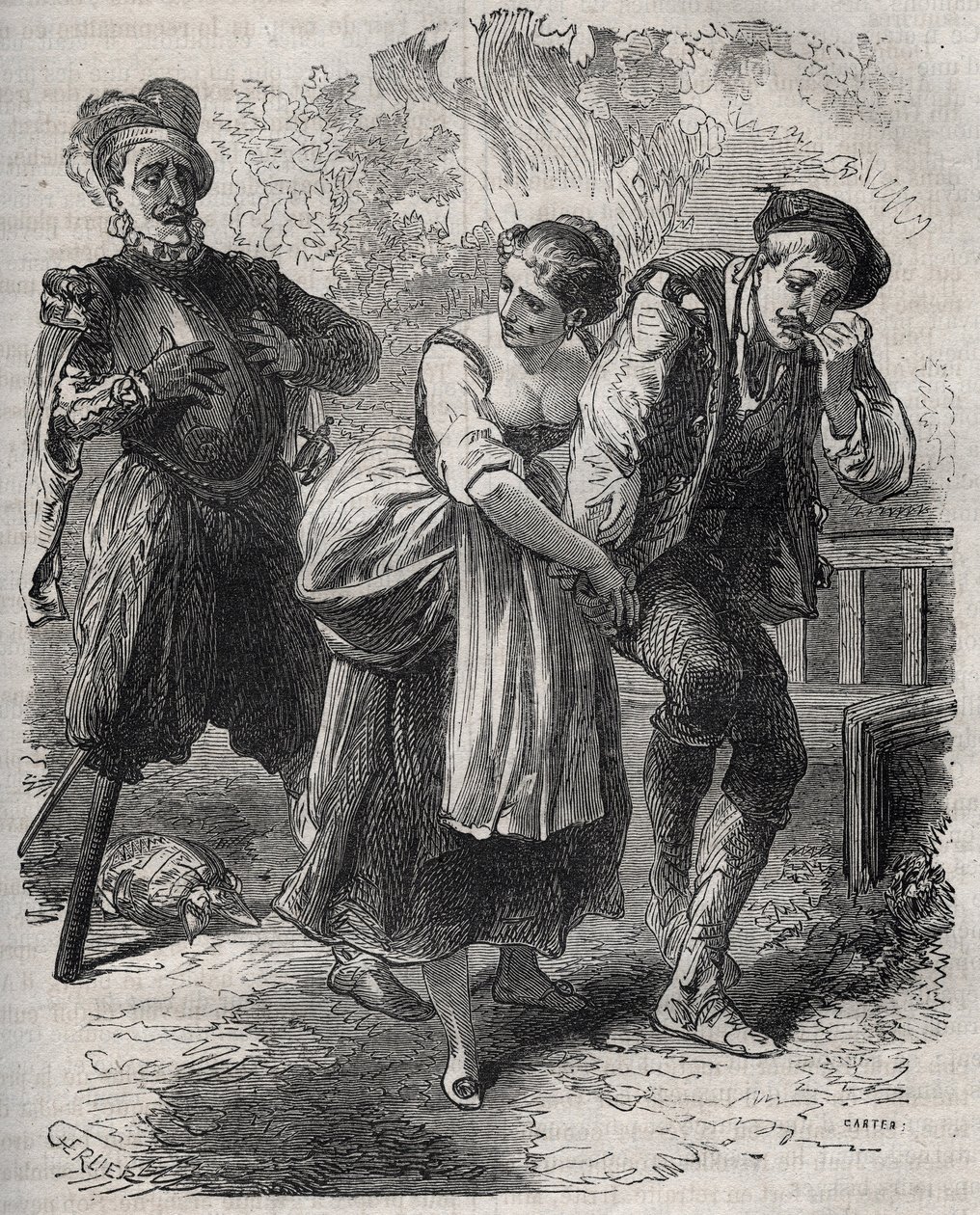 The Return of Martin Guerre (circa 1524 around 1560): He Appeared Before His Wife, Bertrande de Rols, and the One Who Had Usurped His Identity, the Impostor Arnaud du Tilh. Engraving from 1871 in 