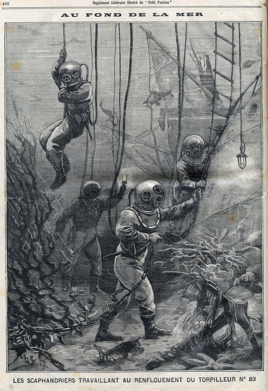 The Scaphandlers Working on the Bailout of Torpedo 83 that had Sunk in Douarnenez Bay in Finistere in Brittany, in 