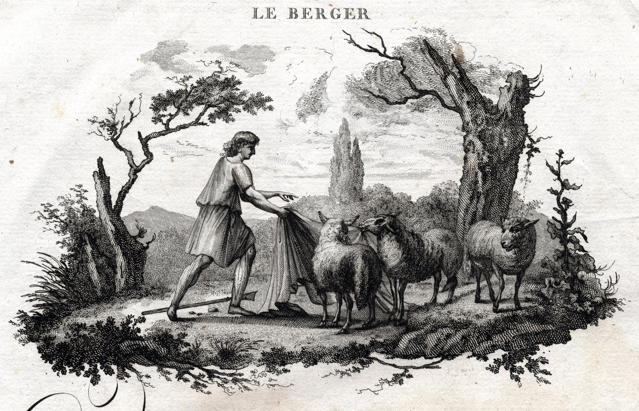 The Shepherd. Fable of Aesop. Written by Guillaume Montfort and engraved by Beauble in 1801 by French School