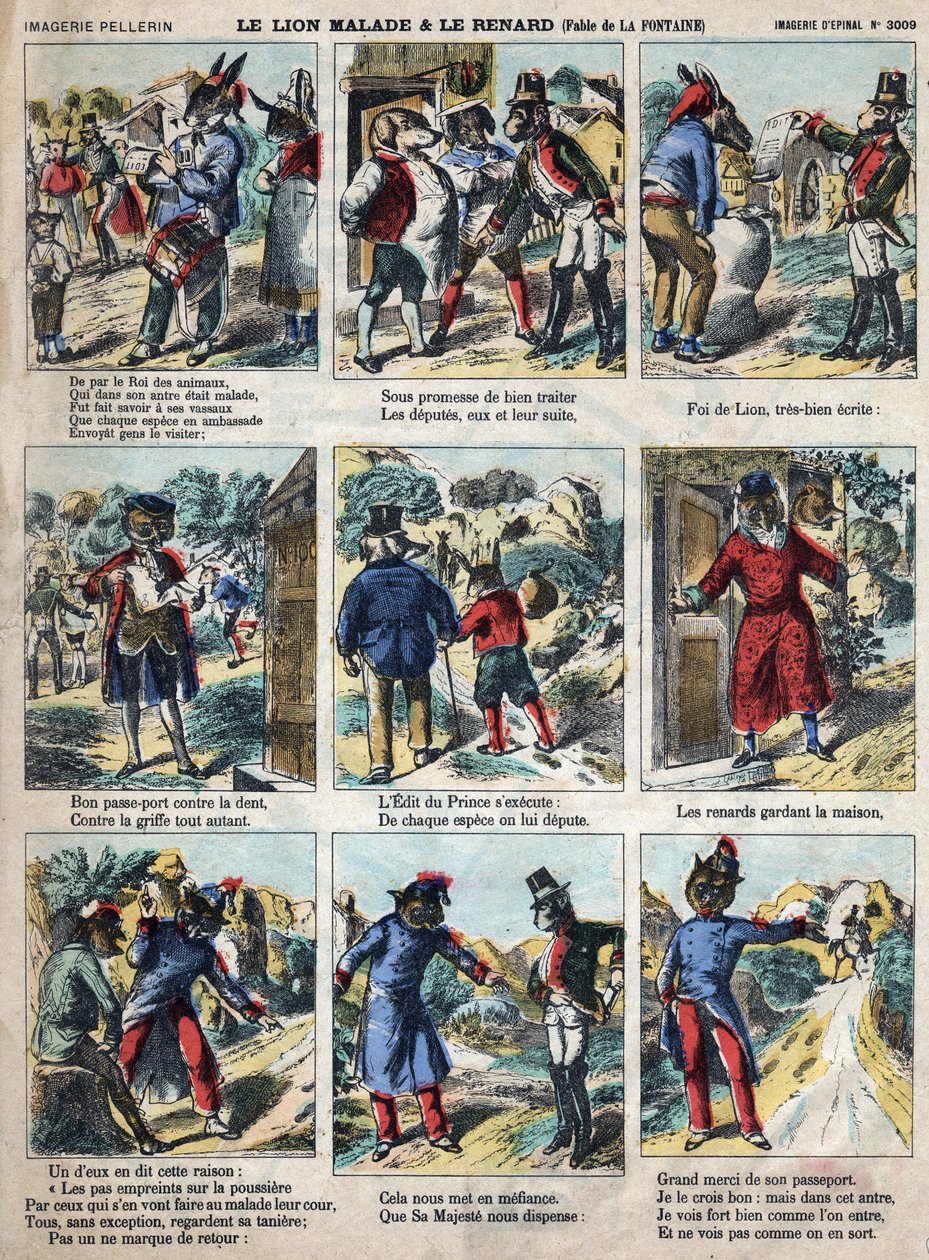 The Sick Lion and the Fox. Fables by Jean de La Fontaine (1621-95). Epinal Imaging from the End of the 19th Century by French School