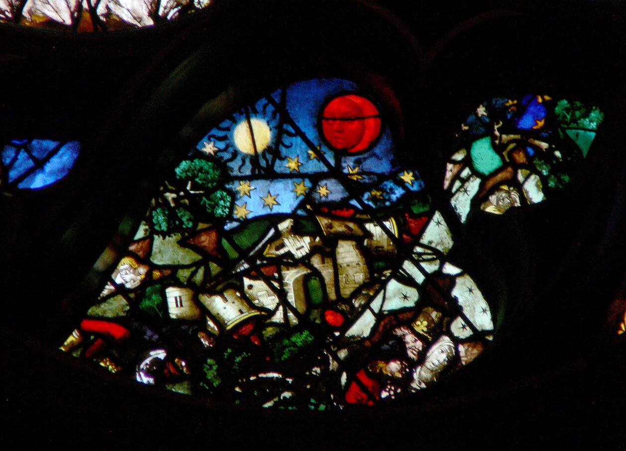 The west rose window depicting a scene from the Book of Revelation: Opening the sixth seal: The great day of his wrath; the ruin created by earthquakes, the sun with a black sackcloth of hair by French School
