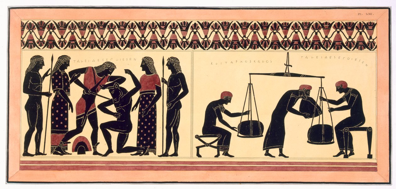 Theseus and the Minotaur, with Men Weighing Wool, published 1808-10 by French School