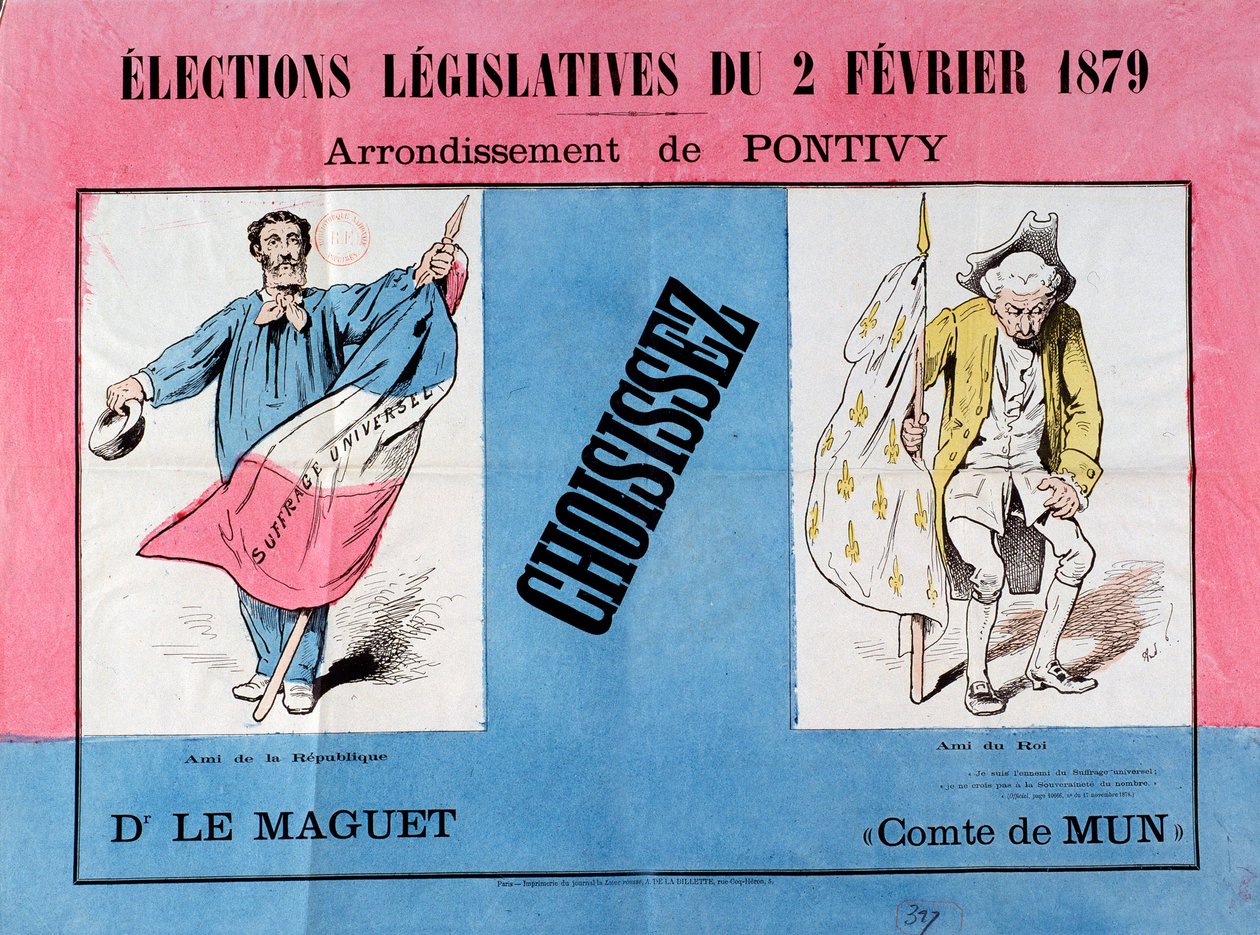 Third Republic: poster for the legislative elections of 2/02/1879 in the municipality of Pontivy. Paris. Museum of Poster and Advertising by French School