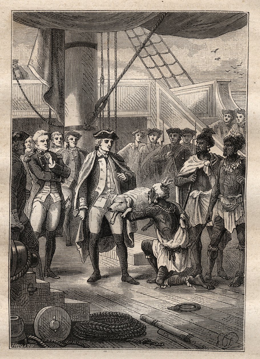 Third voyage of James Cook - They gave him a little pig. Illustration from 