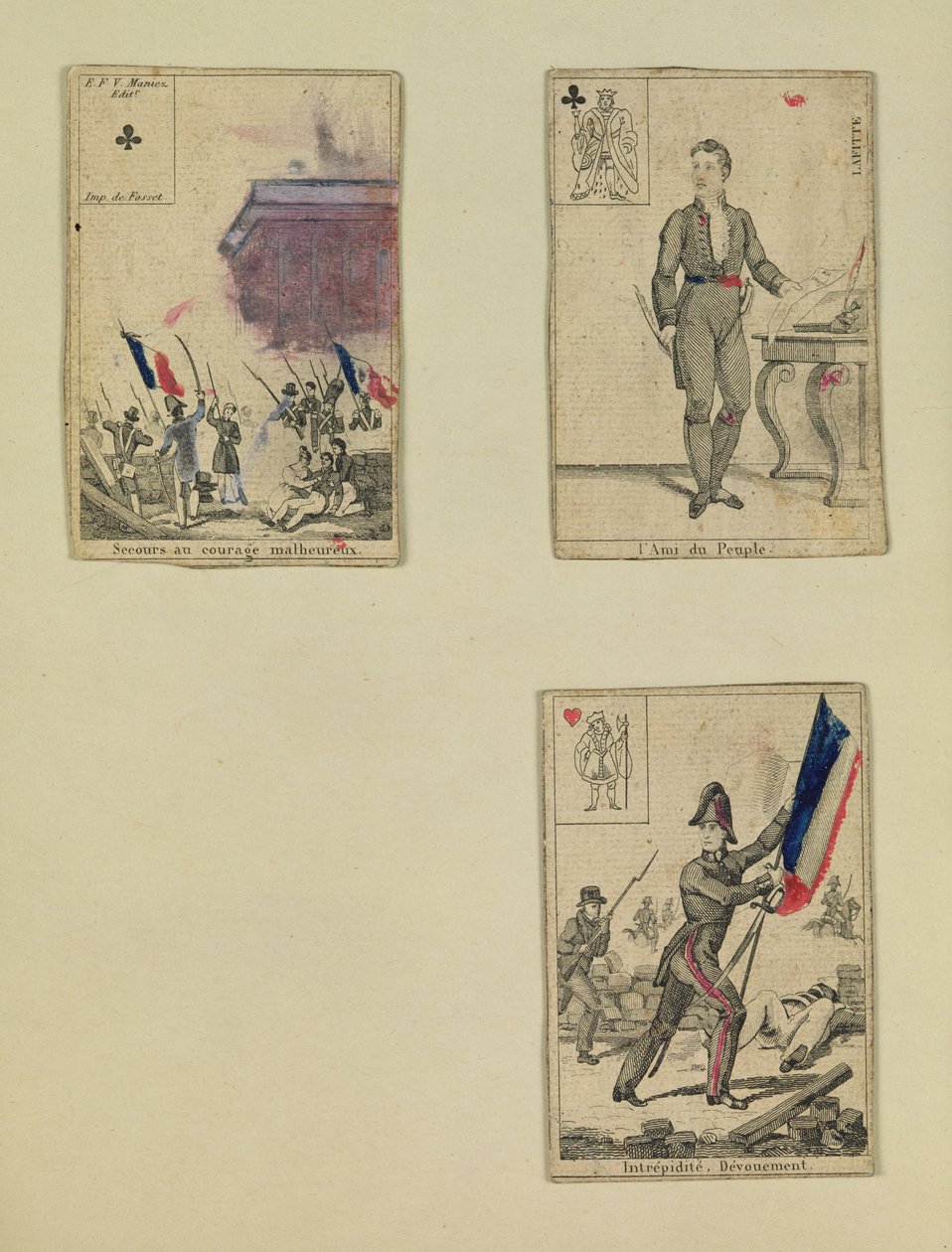 Three Playing Cards Commemorating the Heroes of July 1830 by French School