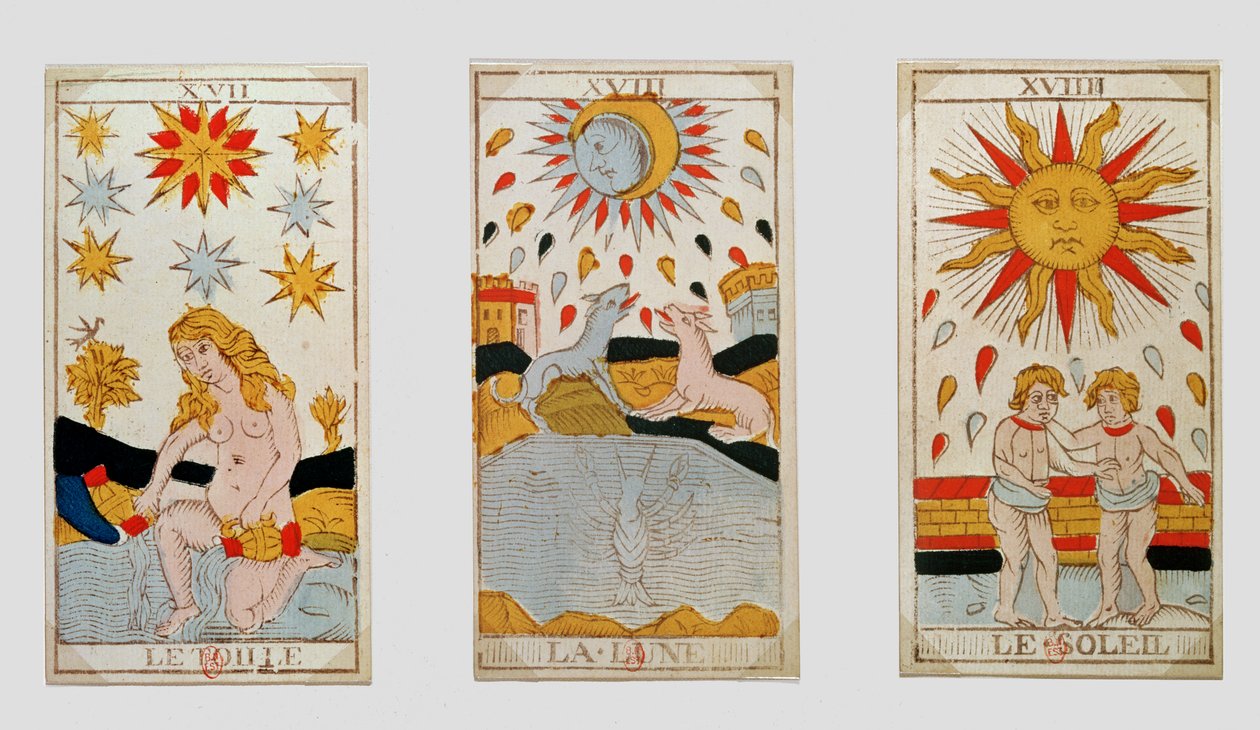 Three tarot cards depicting The Star, The Moon and The Sun by French School