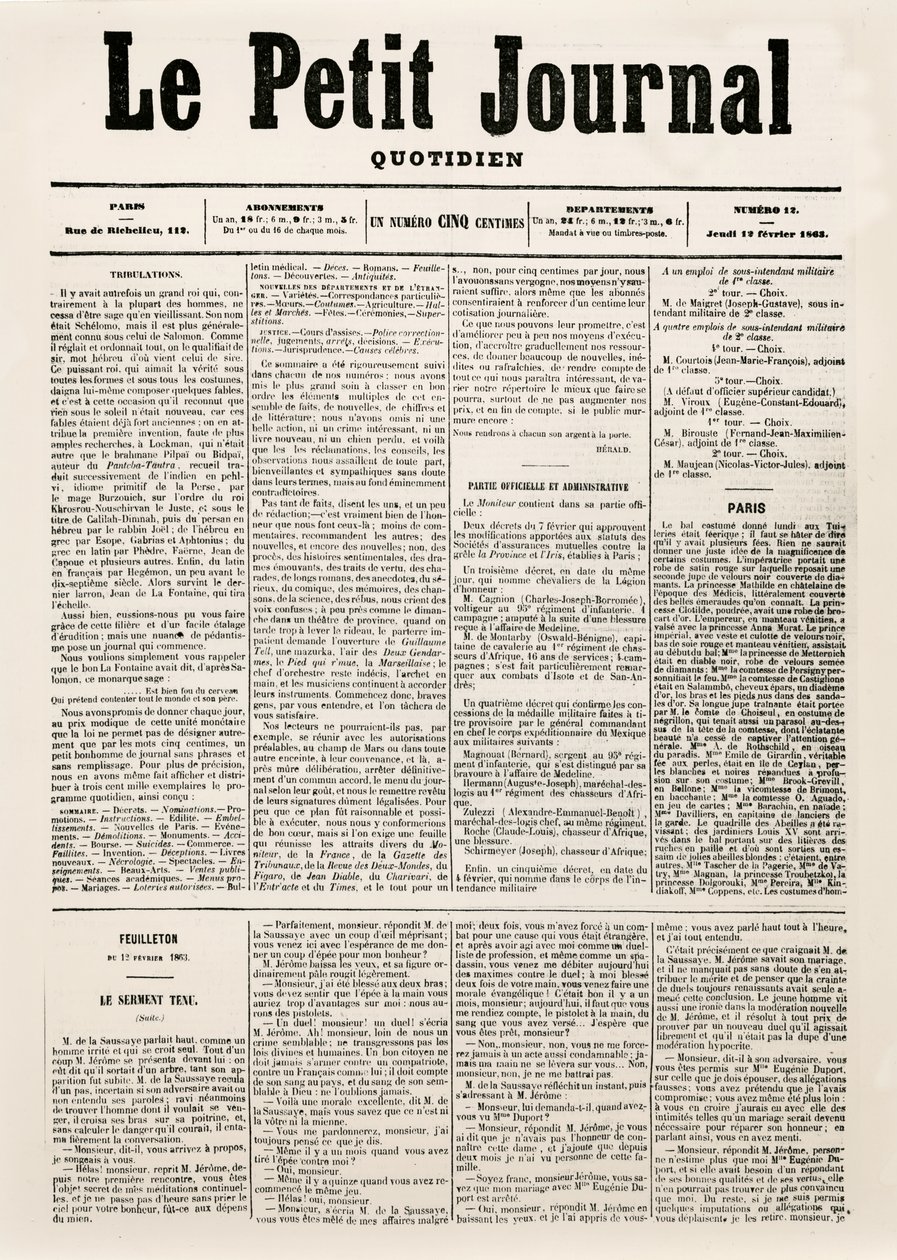 Title Page of daily paper Le Petit Journal, 12th February 1863 by French School