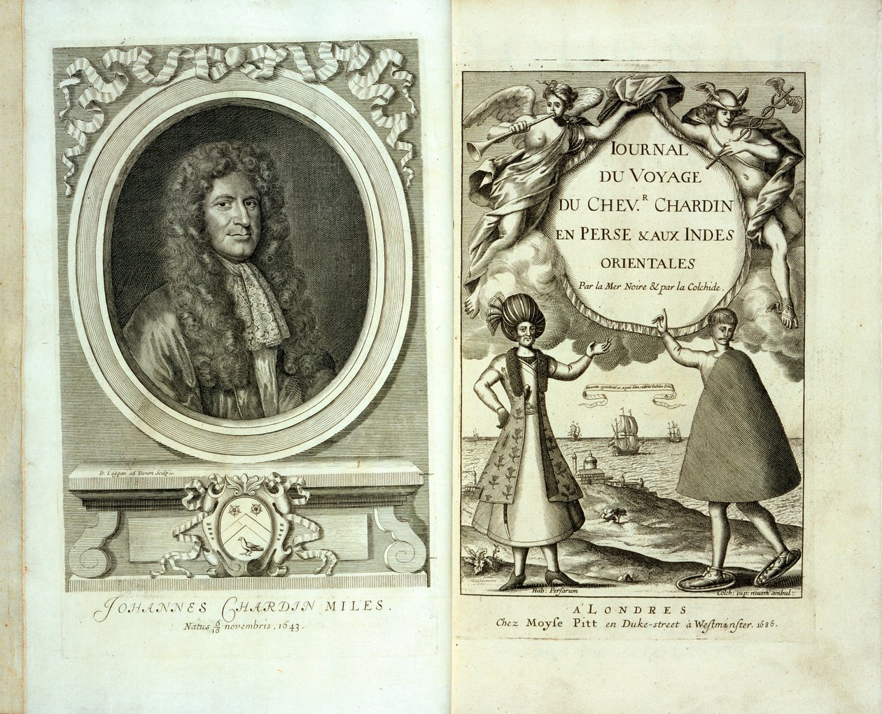 Title page and frontispiece portrait of Journal du Voyage de Chevalier Chardin en Perse et aux Indes Orientales by Jean Chevalier Chardin by French School