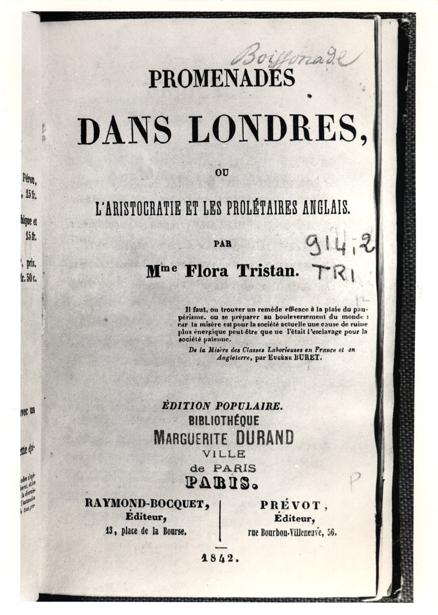 Title page of Promenades dans Londres by Flora Tristan, published in Paris by Raymond-Bocquet et Prevot, 1842 by French School