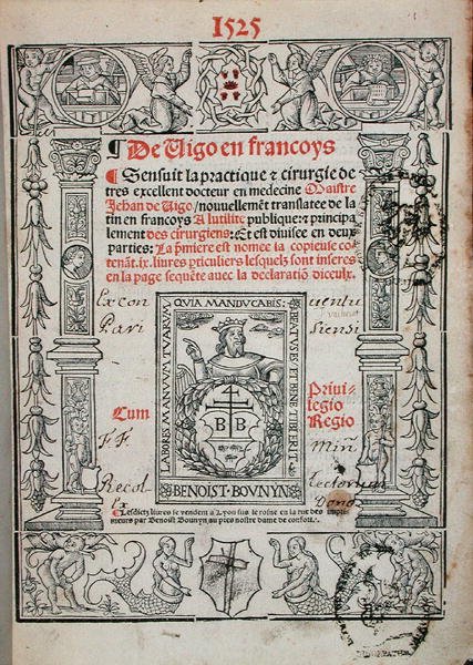 Titlepage from a book on surgery by Jean de Vigo 1525 by French School