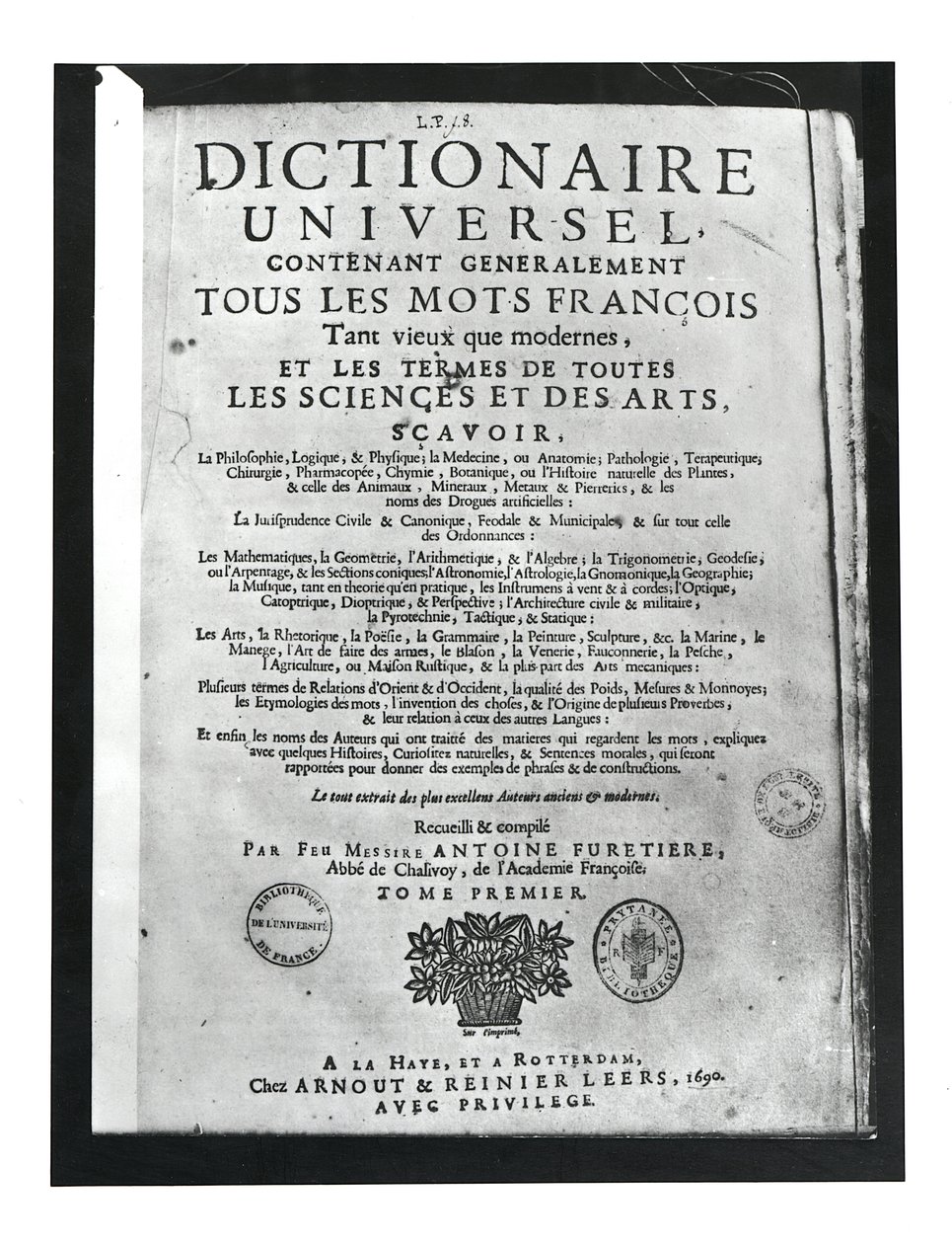 Titlepage of the Dictionnaire Universel by Antoine Furetiere, 1690 by French School
