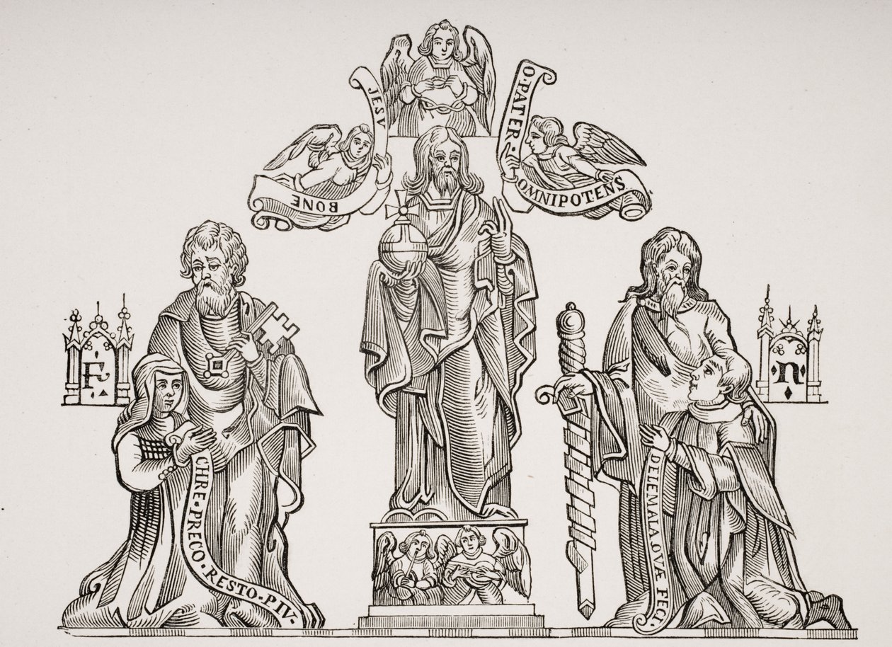 Tomb Decoration depicting Nicholas Flamel (c.1330-c.1418) and his wife Pernelle, after decorations in the Cemetery of the Innocents, Paris, from Le Moyen Age et La Renaissance by Paul Lacroix (1806-84) by French School