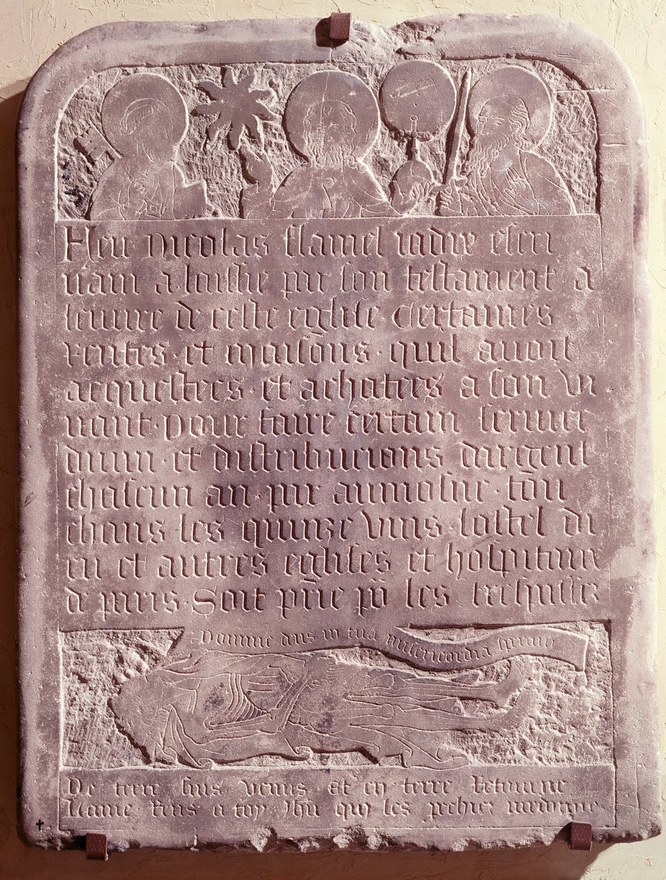 Tombstone of Nicolas Flamel, originally from the Church of Saint-Jacques-de-la-Boucherie, 1418 by French School