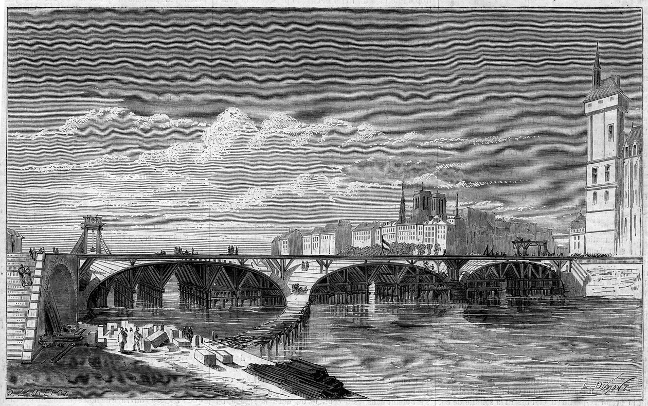 Transformations of Paris under the Second Empire, Haussmann Paris: view of the Pont au Change during its reconstruction. Engraving in 