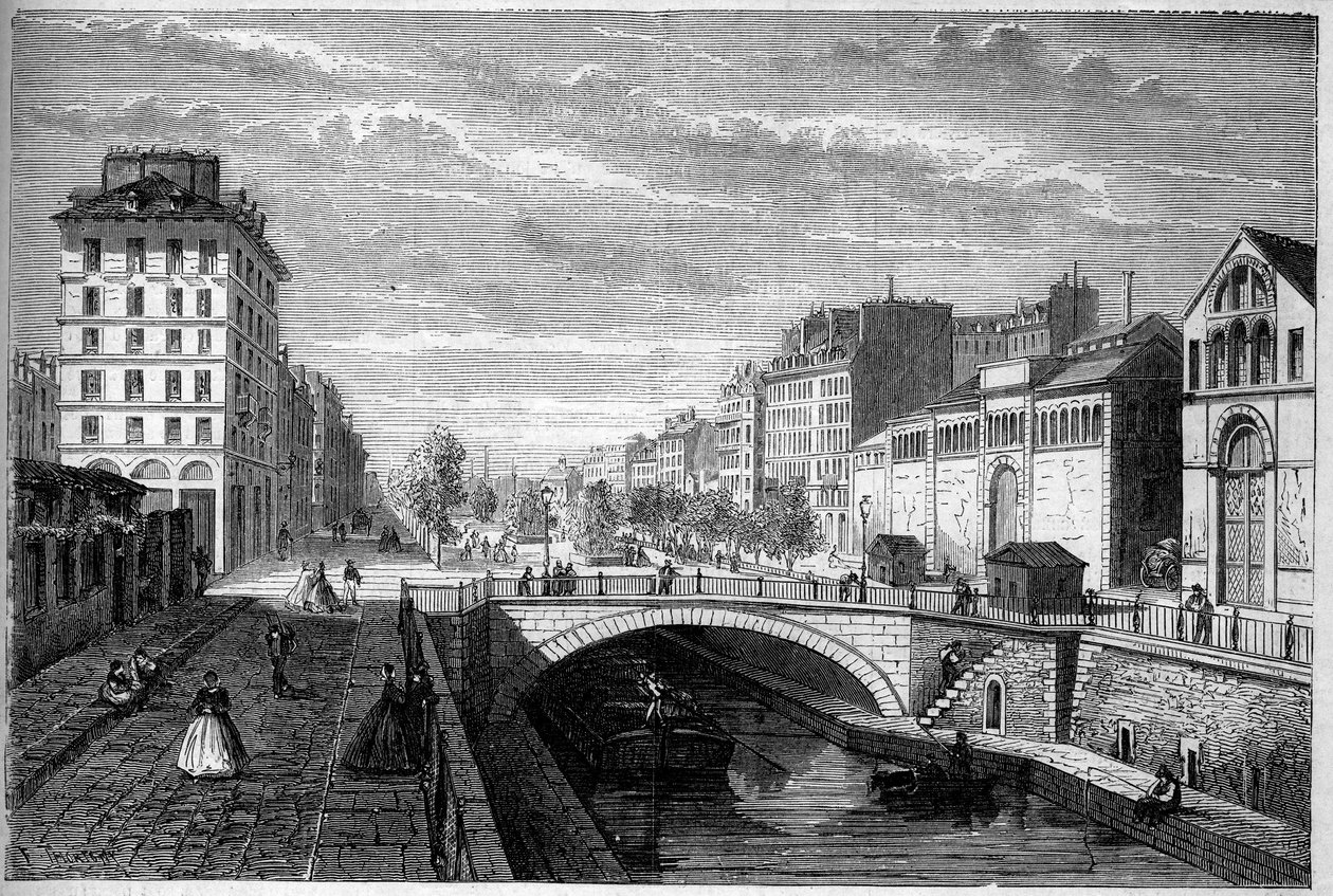 Transformations of Paris under the Second Empire, Haussmannian Paris: view of the boulevard Richard Lenoir established on the vault of the Canal Saint Martin. Engraving in Le Monde Illustré n°233 of September 28 by French School