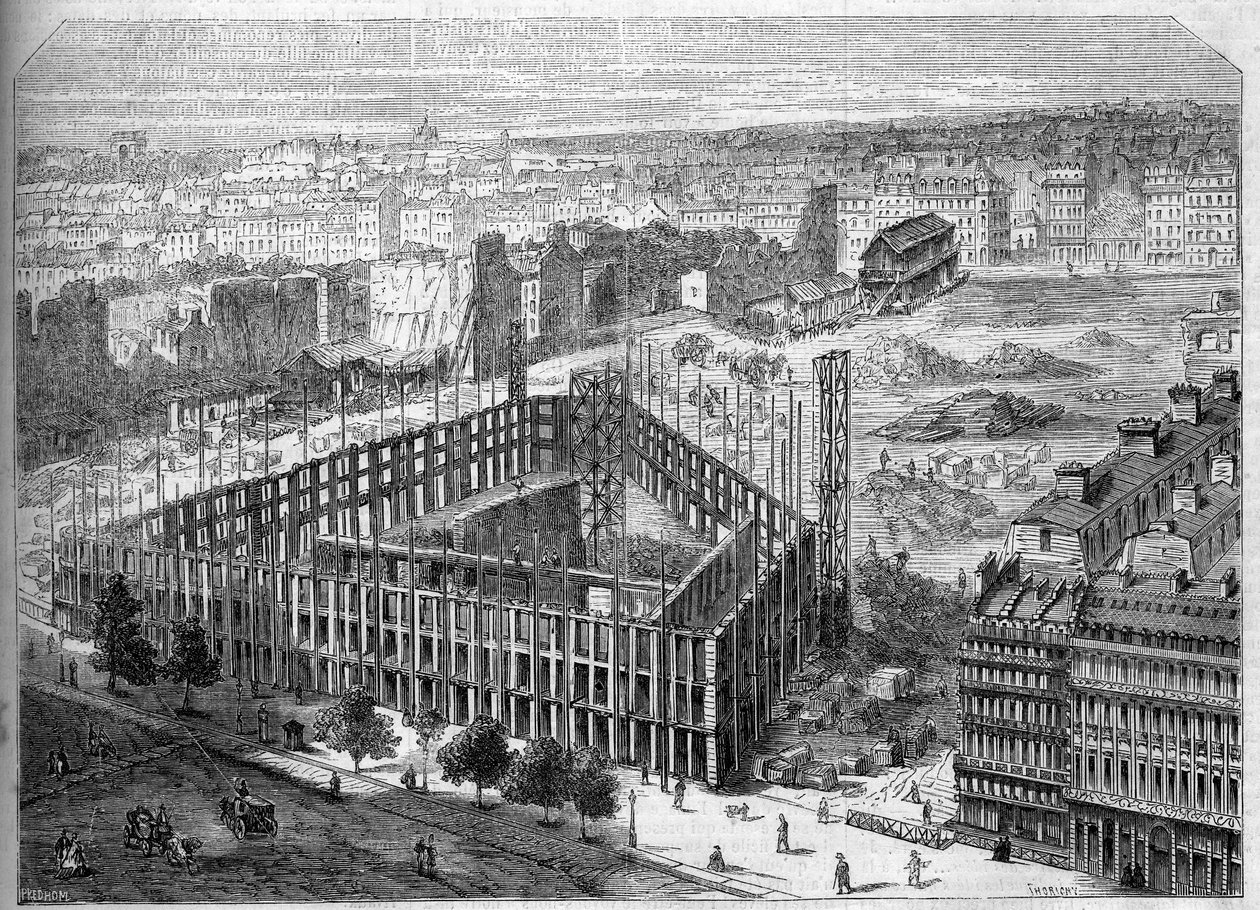 Transformations of Paris under the Second Empire, Paris Haussmann: construction of the Hotel de la Paix and view of the location of the future Opera Garnier, between the streets Neuve des Mathurins, the Chaussee d