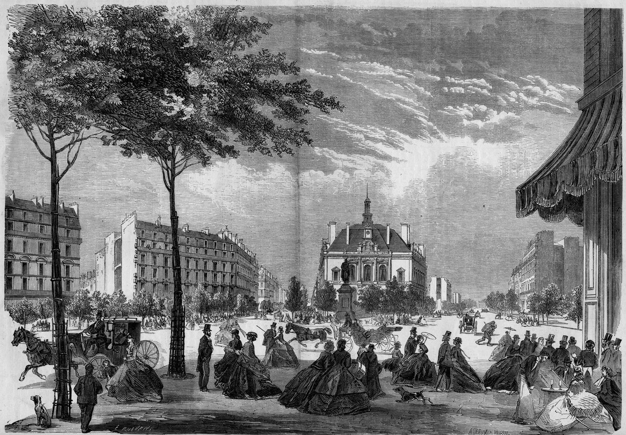 Transformations of Paris under the Second Empire, Paris Haussmann: the new town hall of the XI arrondissement in Paris. (You can see Voltaire Boulevard and Parmentier Avenue). Engraving from 1865 by French School