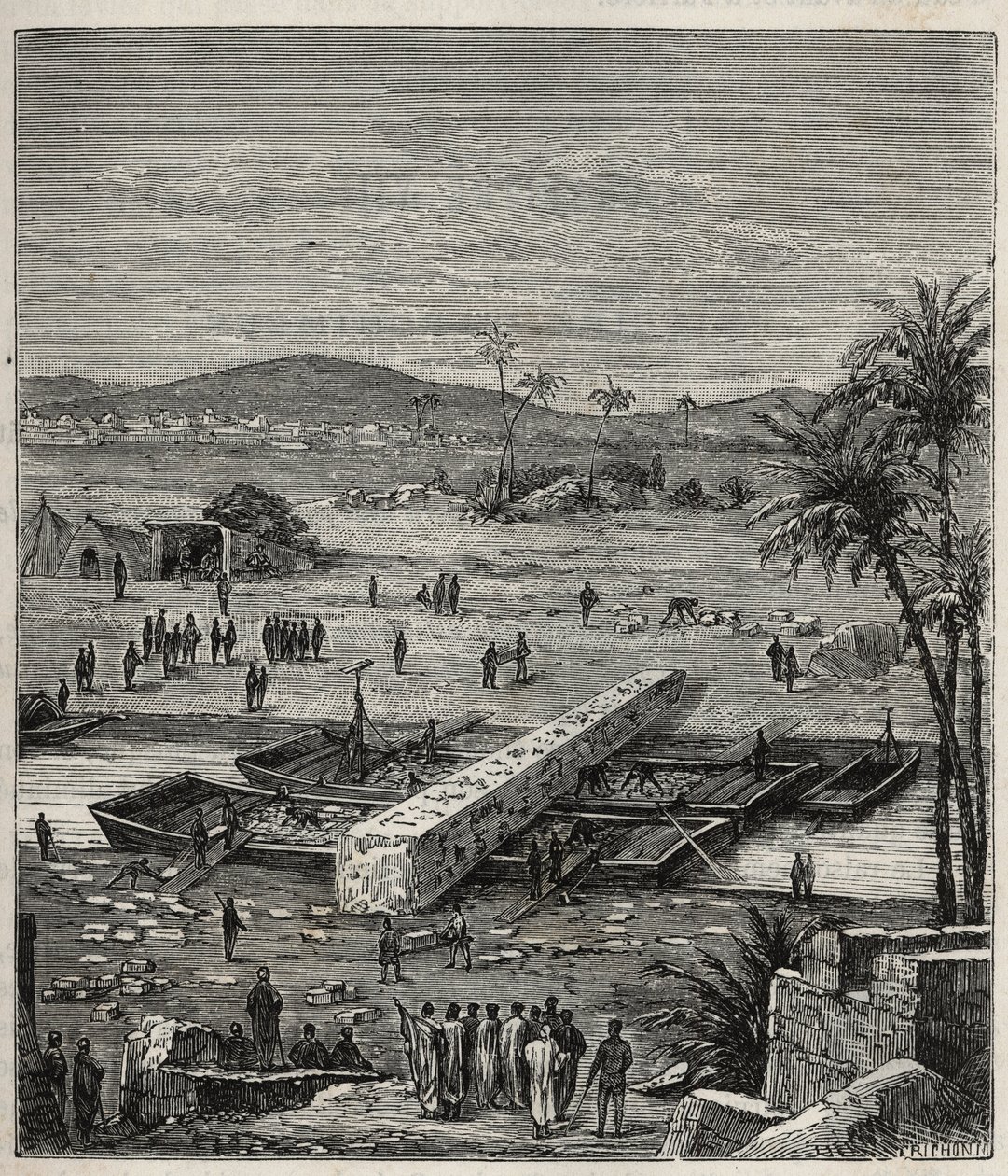Transport of the obelisk of Ptolemee Philadelph (Ptolemaios Philadelphos) (Ptolemee II) on the Nile to Alexandria - Engraving in Sciences available to all - Popular physics and chemistry by Alexis Clerc - End 19th century - Private collection. by French School