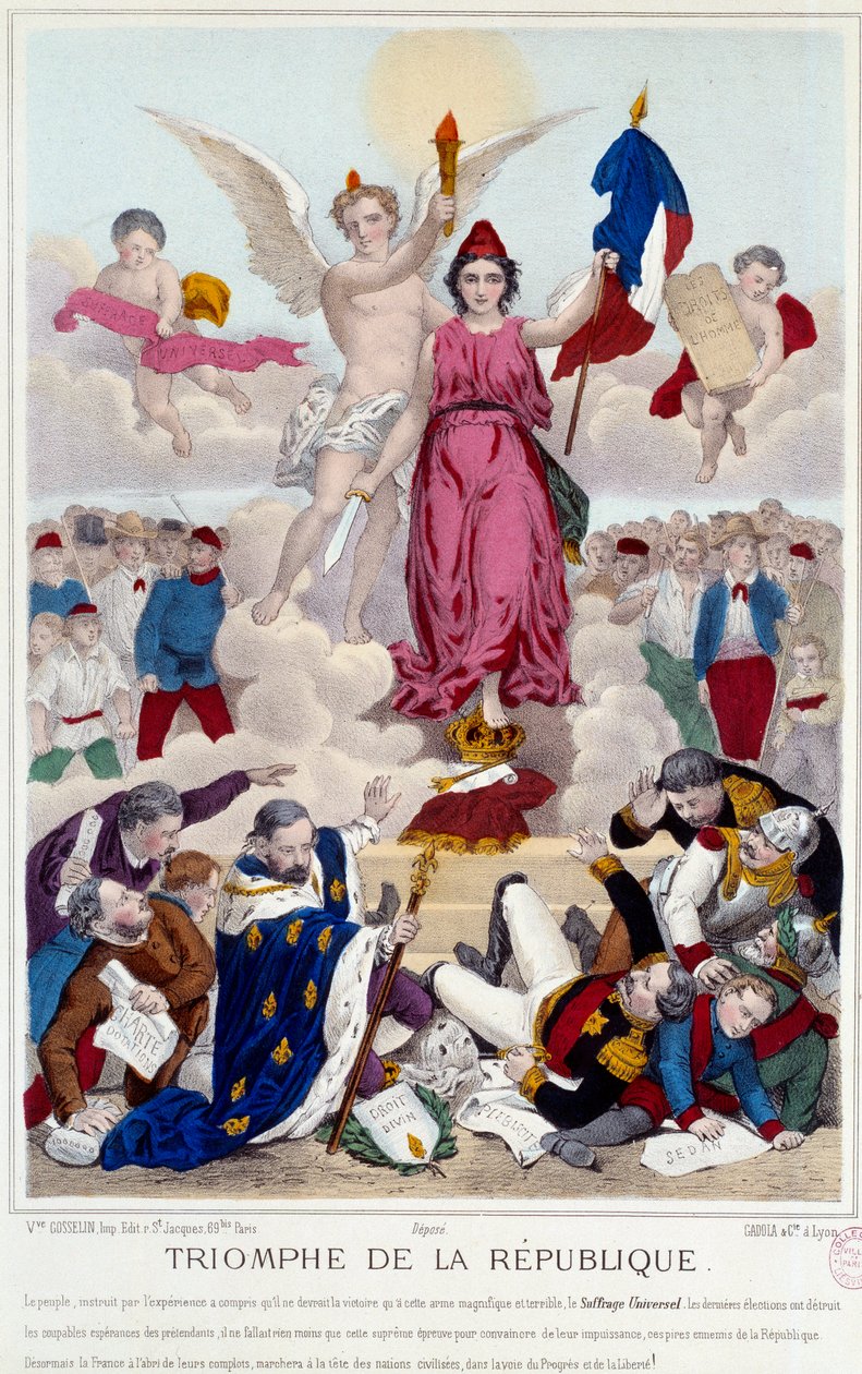 Triumph of the republic, engraving of 1875. Allegory about universal suffrage that destroys the enemies of the republic by French School