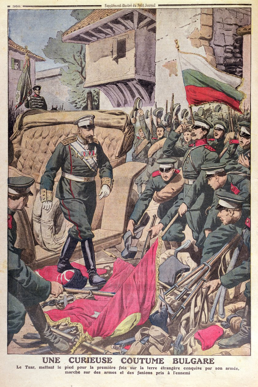 Tsar Ferdinand I (1861-1948) of Bulgaria walking over captured flags during the Balkan War of 1912, November 1912 by French School