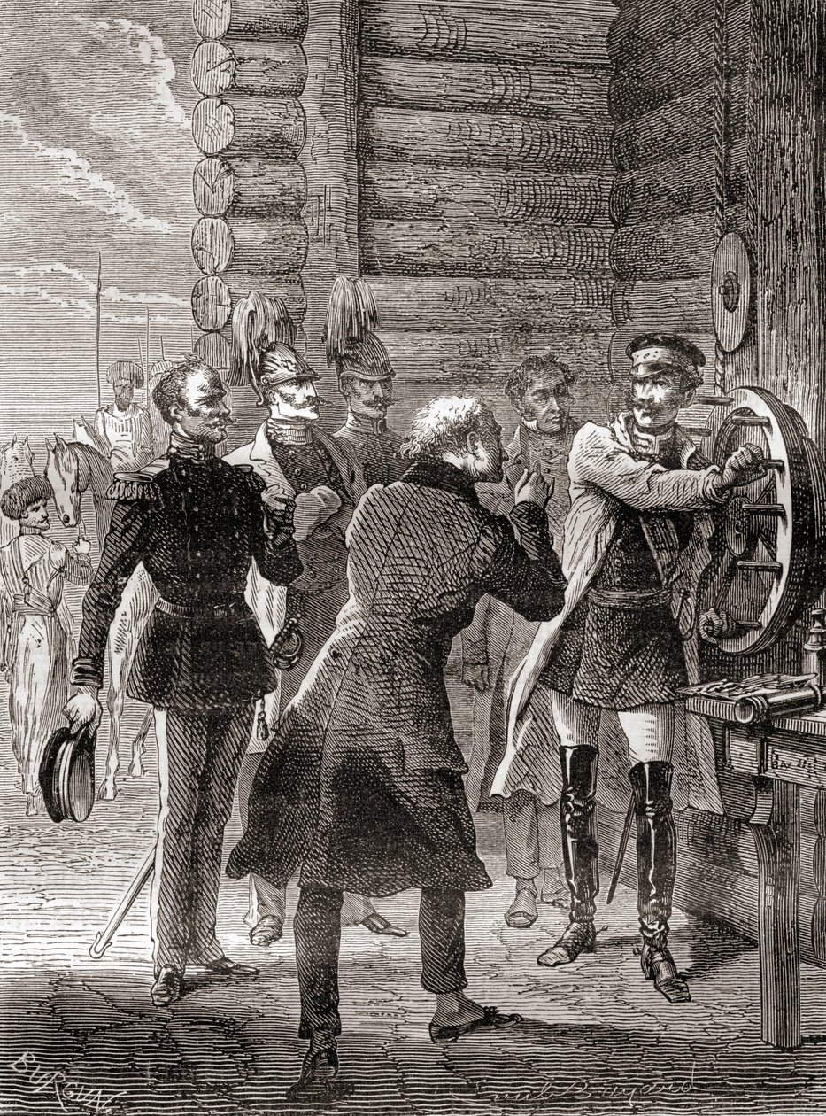 Tsar Nicholas I inaugurating the semaphore telegraph line between Moscow and Warsaw in 1833, using a modification of Claude Chappe