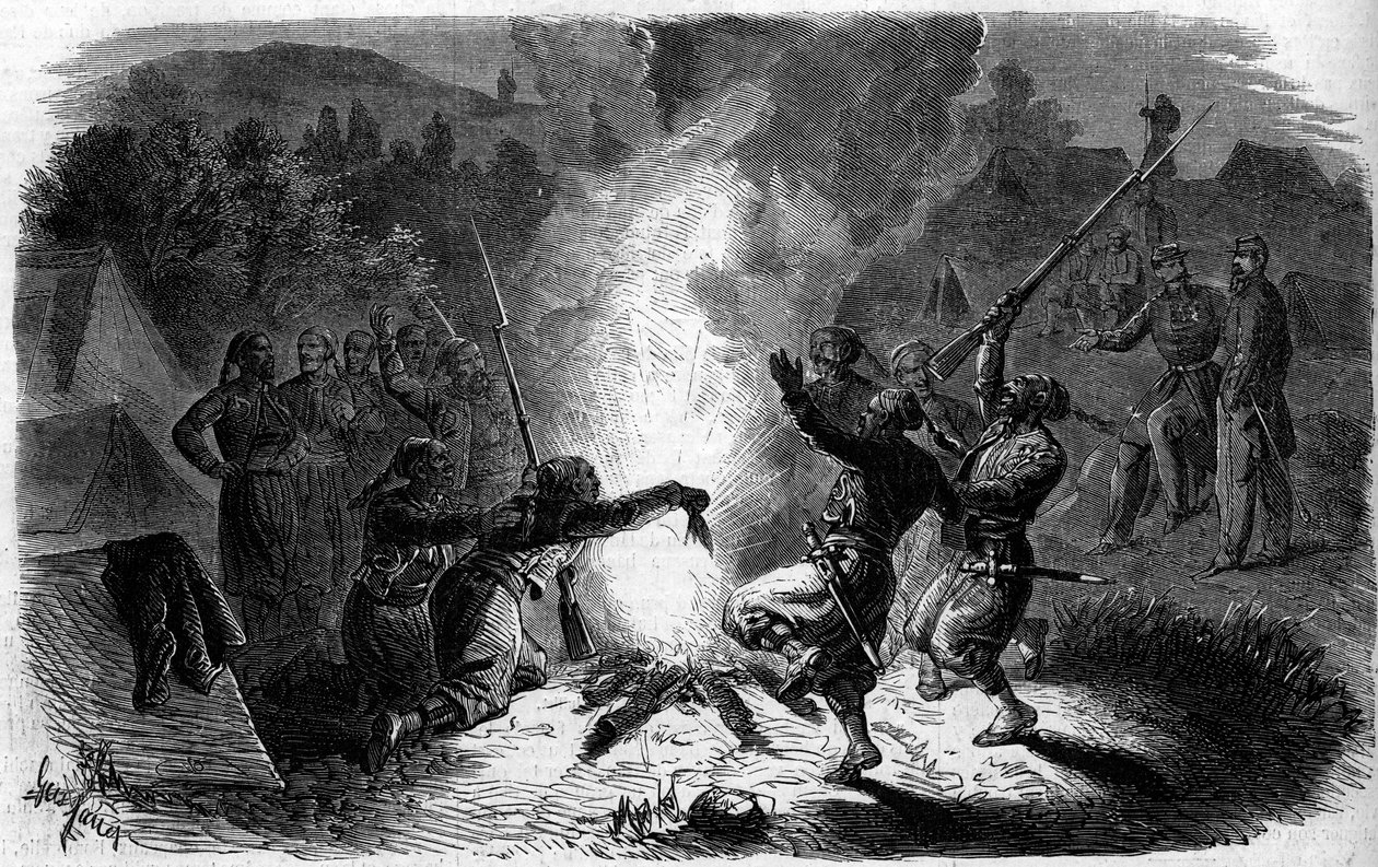 Turcos of the French army dancing around a campfire in Italy, period of Risorgimento by French School