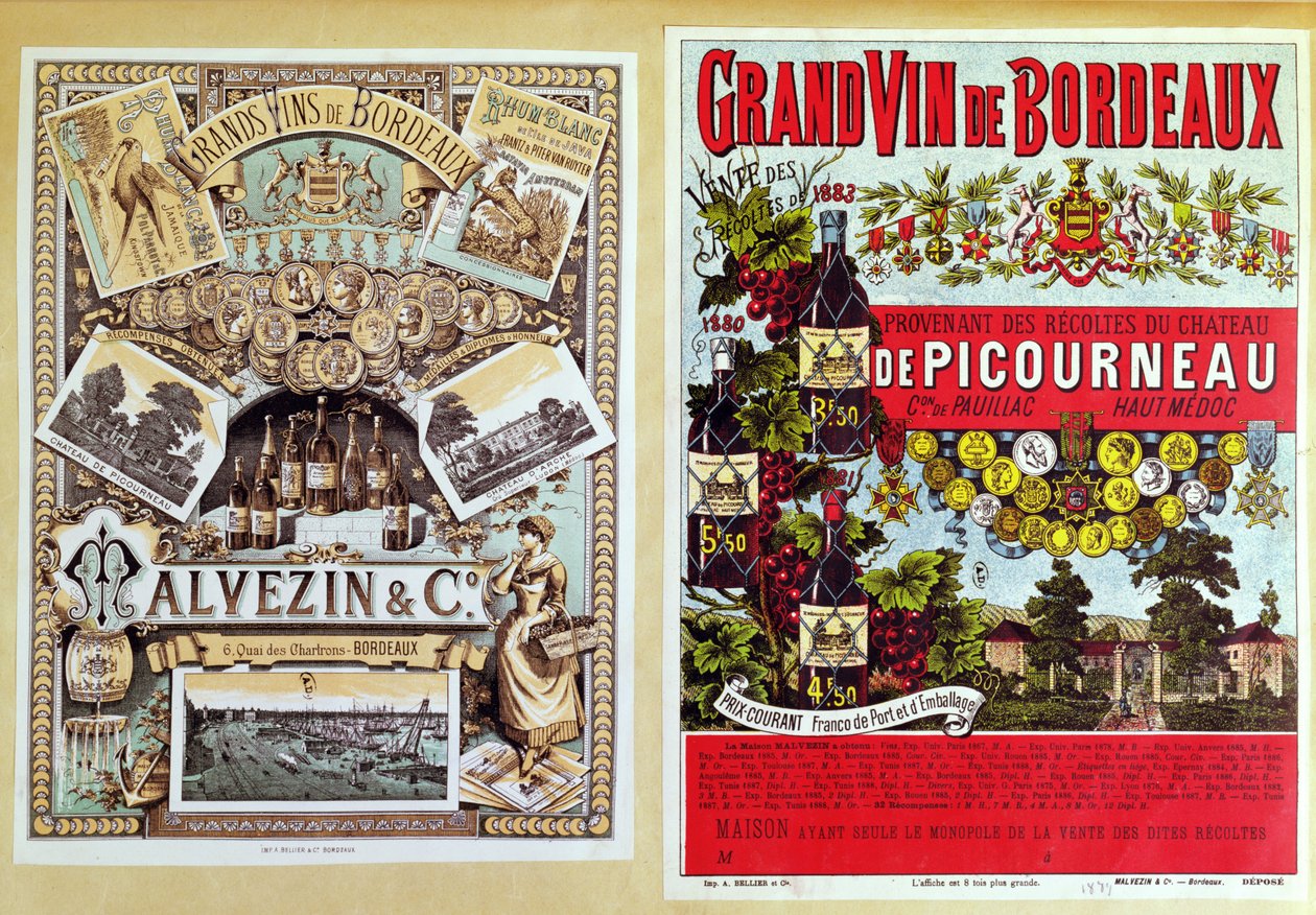 Two advertisements for Malevezin and Company distributors and the Chateau de Picourneau vineyard, from the Bordeaux region by French School