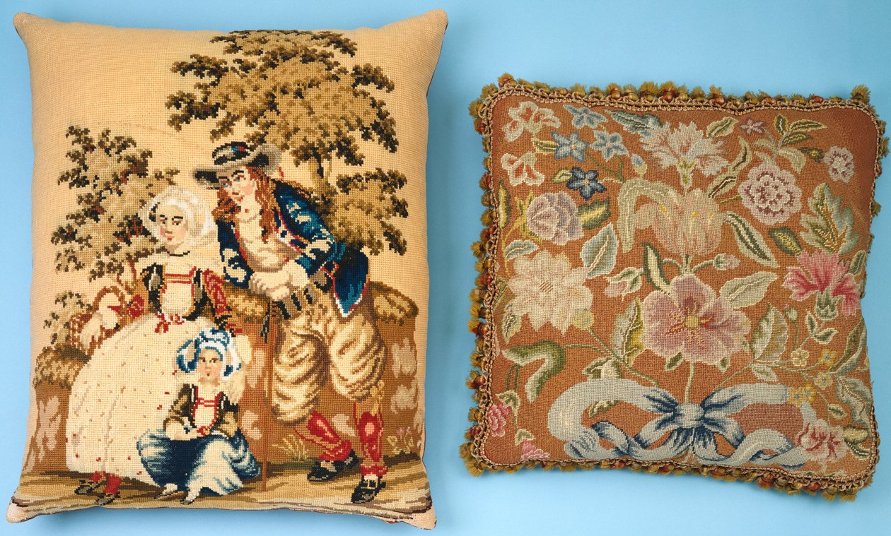 Two Cushions with Needlework Panels Worked in Coloured Silks & Wools by French School