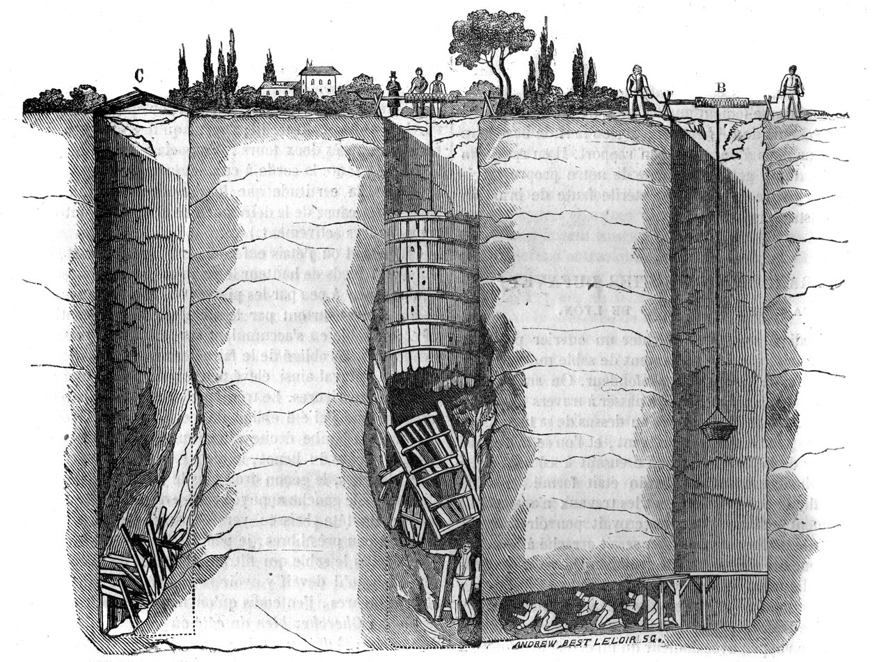 Cutting the well and the rescue wells used to unlock a sump worker remains stuck after a landslide for several days, Champvert, near Lyon. In 