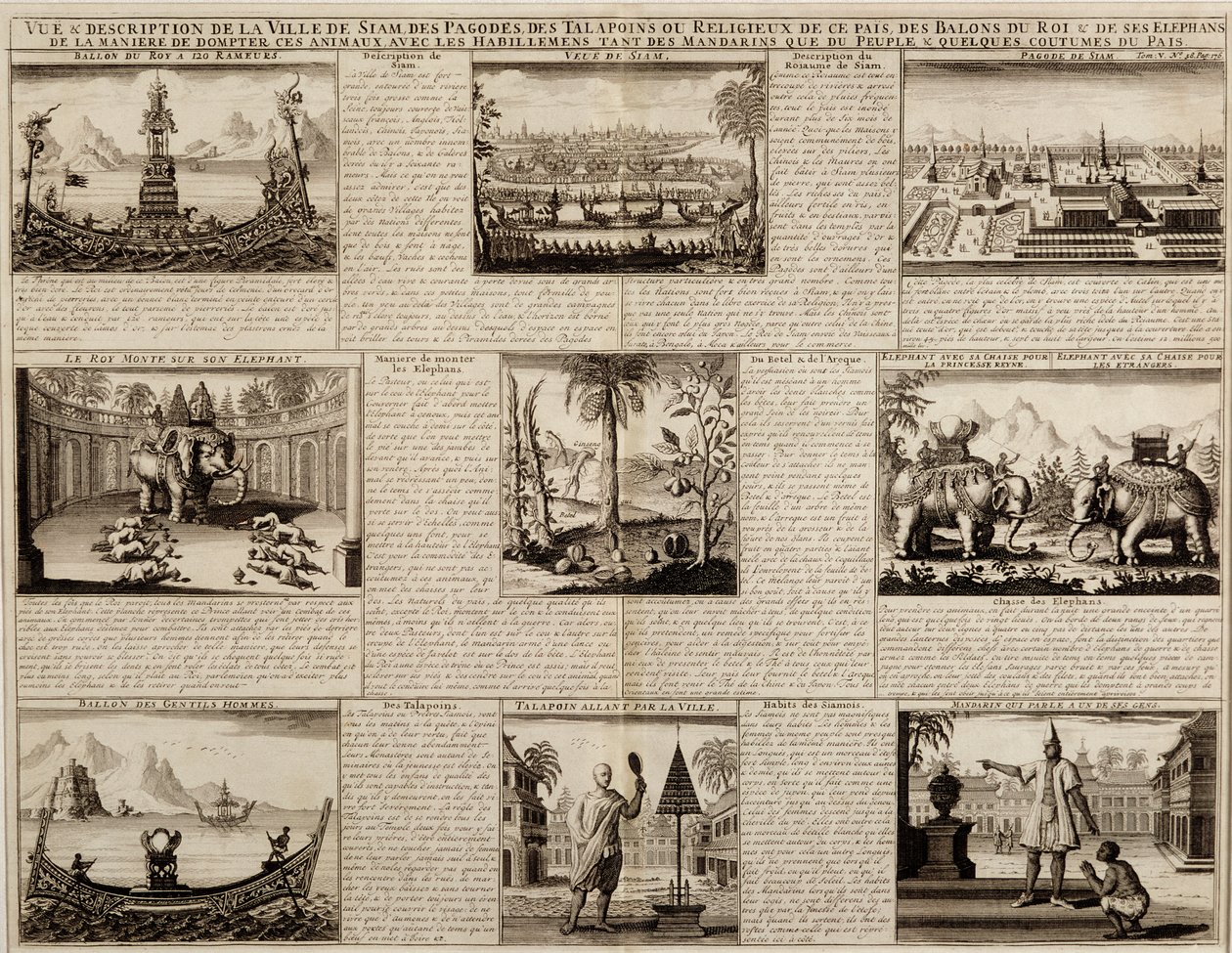 Various views of Siam and Ayutthaya, from Du Royaume de Siam by Simon de la Loubere, published in 1688 by French School