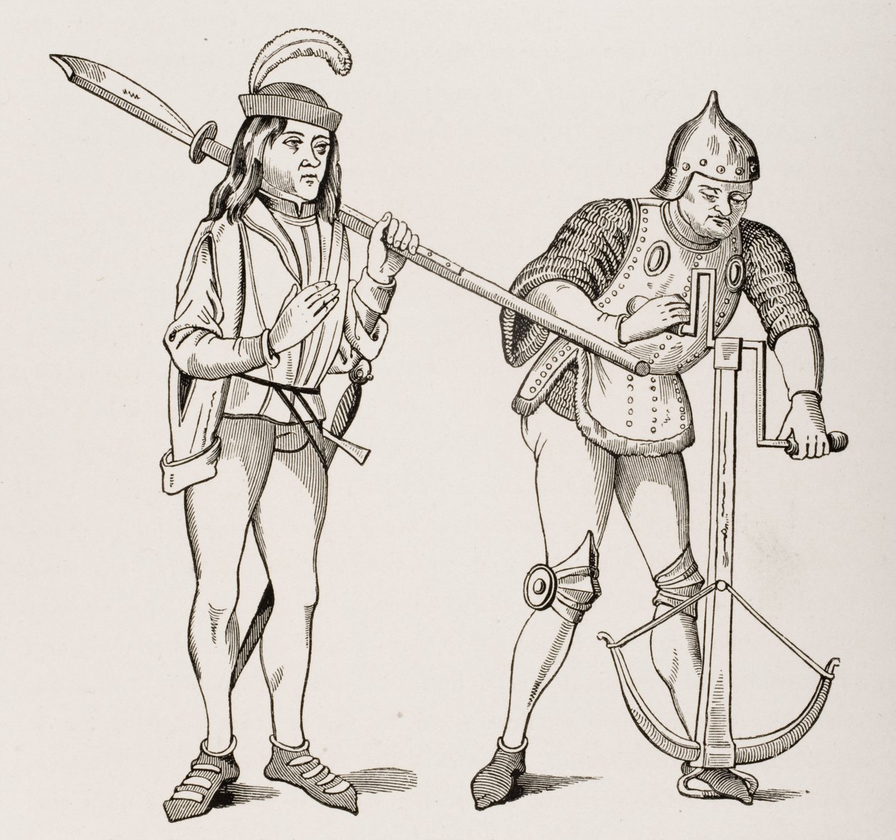 Varlet or Squire carrying a thick-bladed halberd and an archer drawing a crossbow string with double-handed winch, after a 15th century miniature, from Le Moyen Age et La Renaissance by Paul Lacroix by French School