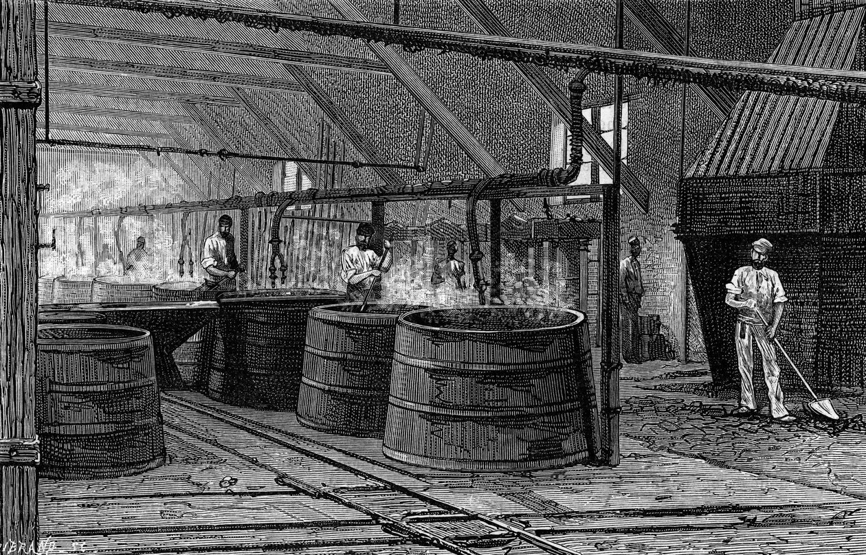 Vats of the Suffrice factory charged to ecumer the Seine. Engraving in “Le Journal de la jeunesse” by French School