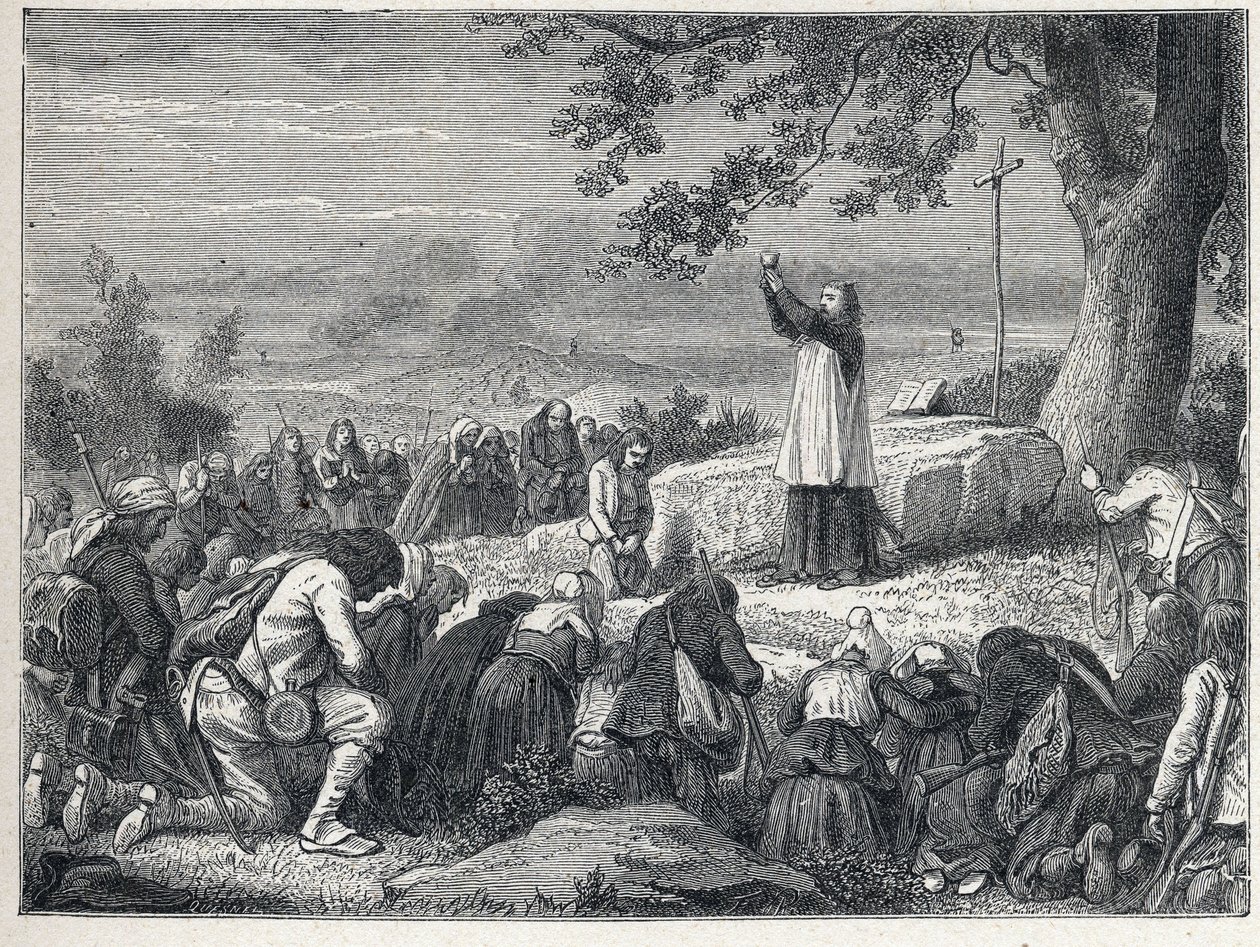 Vendee Wars (1793-1796): Priest inserts celebrating a mass under an oak for the insurgent population who reject sworn priests. Engraving from 1889. Private collection by French School