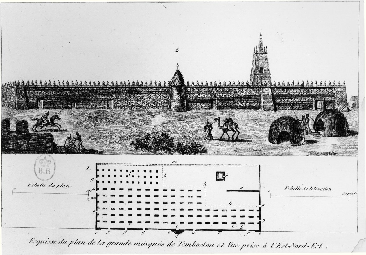View and plan of the great mosque in Timbuktu, from Journal d