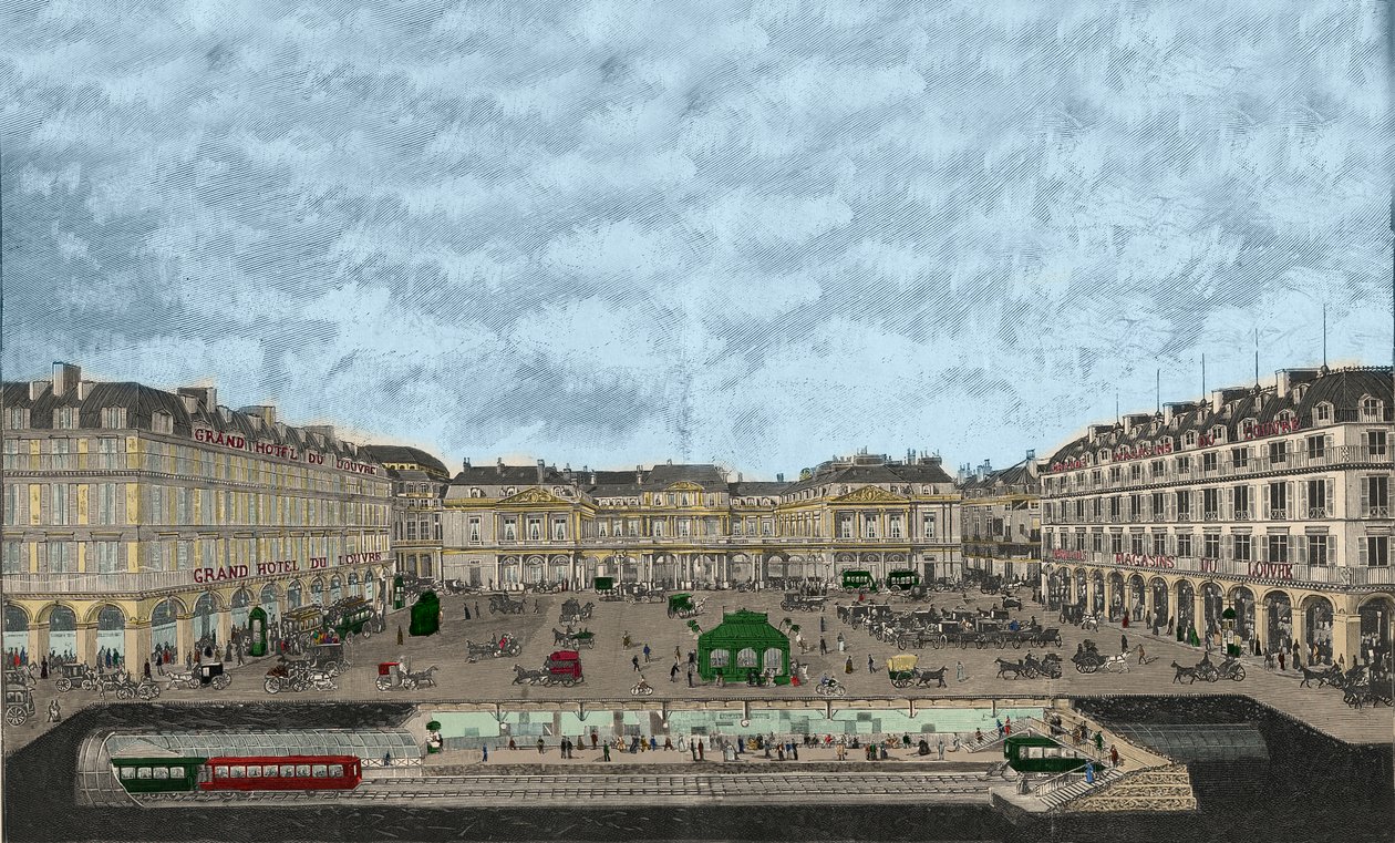 View of Palais-Royal and Rue de Rivoli with a cross section of the metropolitan railway station 1898 by French School